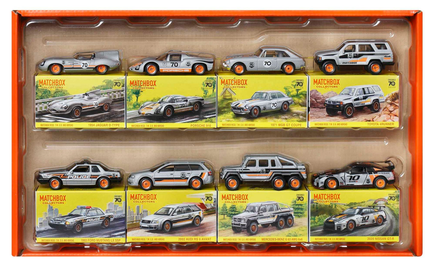 Matchbox Cars, Set of 8 Die-Cast Cars in 1:64 Scale with Premium Decos Including 1 Exclusive Vehicle, True Grip Tires, Platinum-Tone Finish,