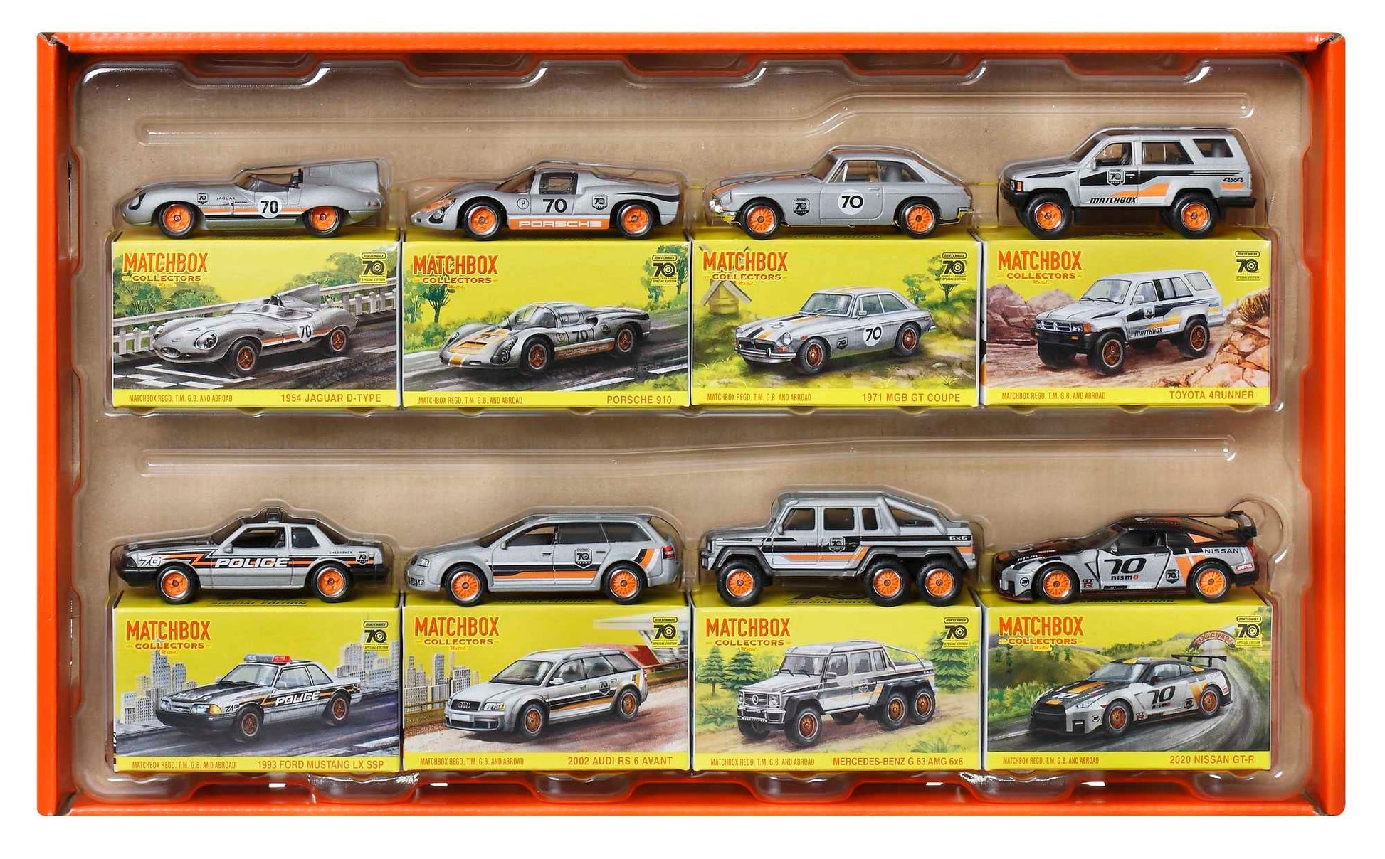 Matchbox Cars, Set of 8 Die-Cast Cars in 1:64 Scale with Premium Decos Including 1 Exclusive Vehicle, True Grip Tires, Platinum-Tone Finish,