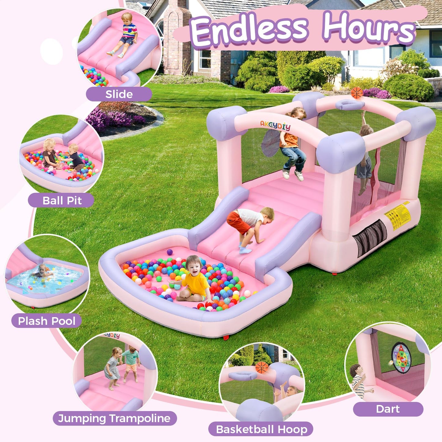 AKEYDIY Bounce House for Kids, Pastel Bouncer with Slide, Pink Inflatable Jumping Bouncy Castle for Birthday Party Gifts Outdoor & Indoor, UL Blower