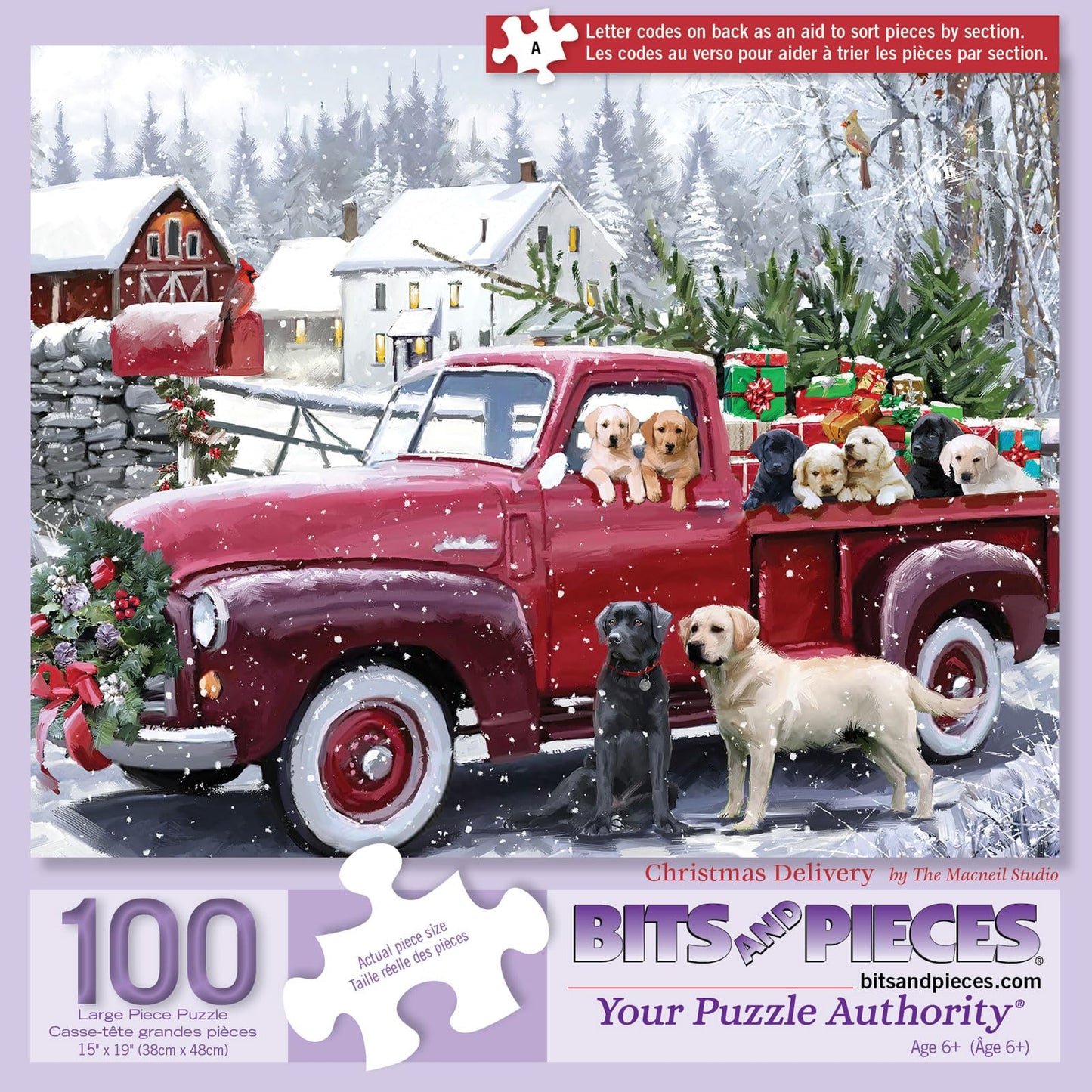 Bits and Pieces 100 Piece Puzzles for Adults 100 Extra Large Pieces 15" x 19" Jigsaw Puzzles, Red Truck Presents Dogs, Random Die Cut, No 2 Pieces