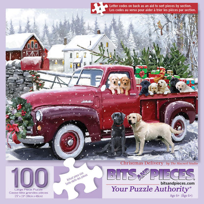 Bits and Pieces 100 Piece Puzzles for Adults 100 Extra Large Pieces 15" x 19" Jigsaw Puzzles, Red Truck Presents Dogs, Random Die Cut, No 2 Pieces