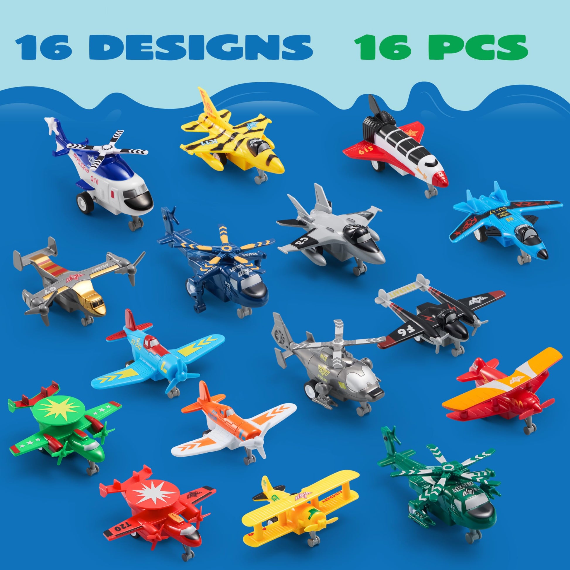 JOYIN 16 Pcs Pull Back Airplane Toys, Boys Plane Playset, Aircraft Incl Helicopter, Fighter, Bomber, Gifts for Toddler Kids 3+ Years Old, Treasure Box