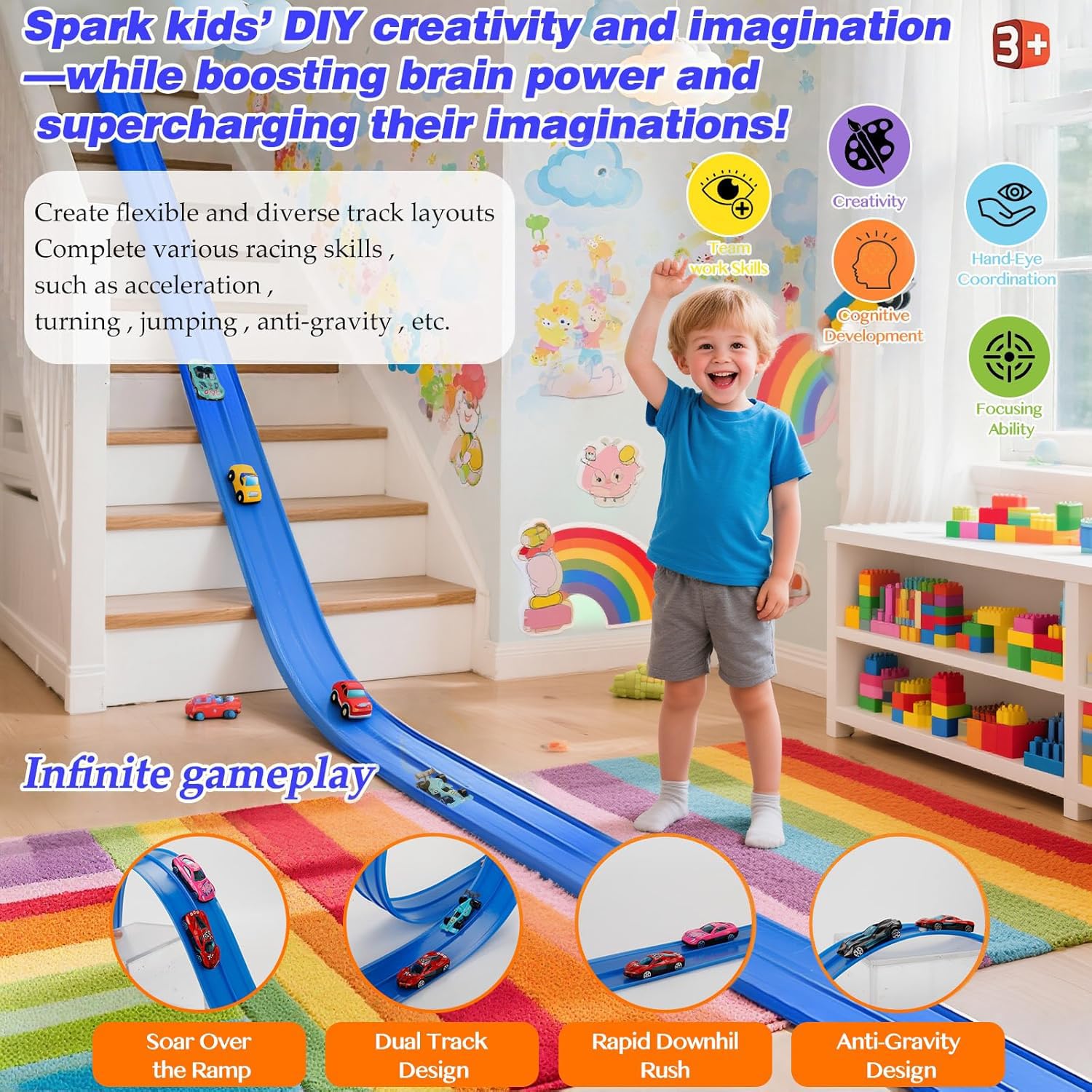 15 Ft Flexible Race Car Track for Kids, Rolls Up Portable Race Tracks with 6 Car & Suction Cups, Compatible with Hot Wheels and Diecast 1/64th Cars