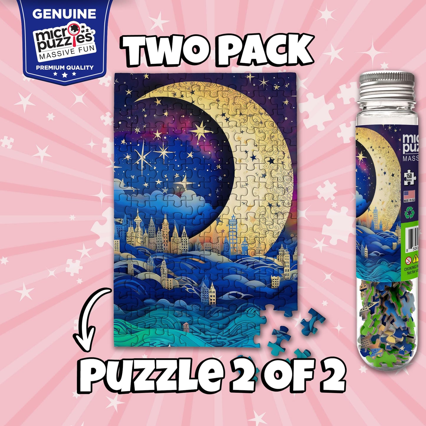 MicroPuzzles “City & Moon Scape” Mini Jigsaw Puzzle 2-Pack - 150-Piece Night-Skyline Travel 4×6 in Puzzle Gift | Made in USA | Small Business