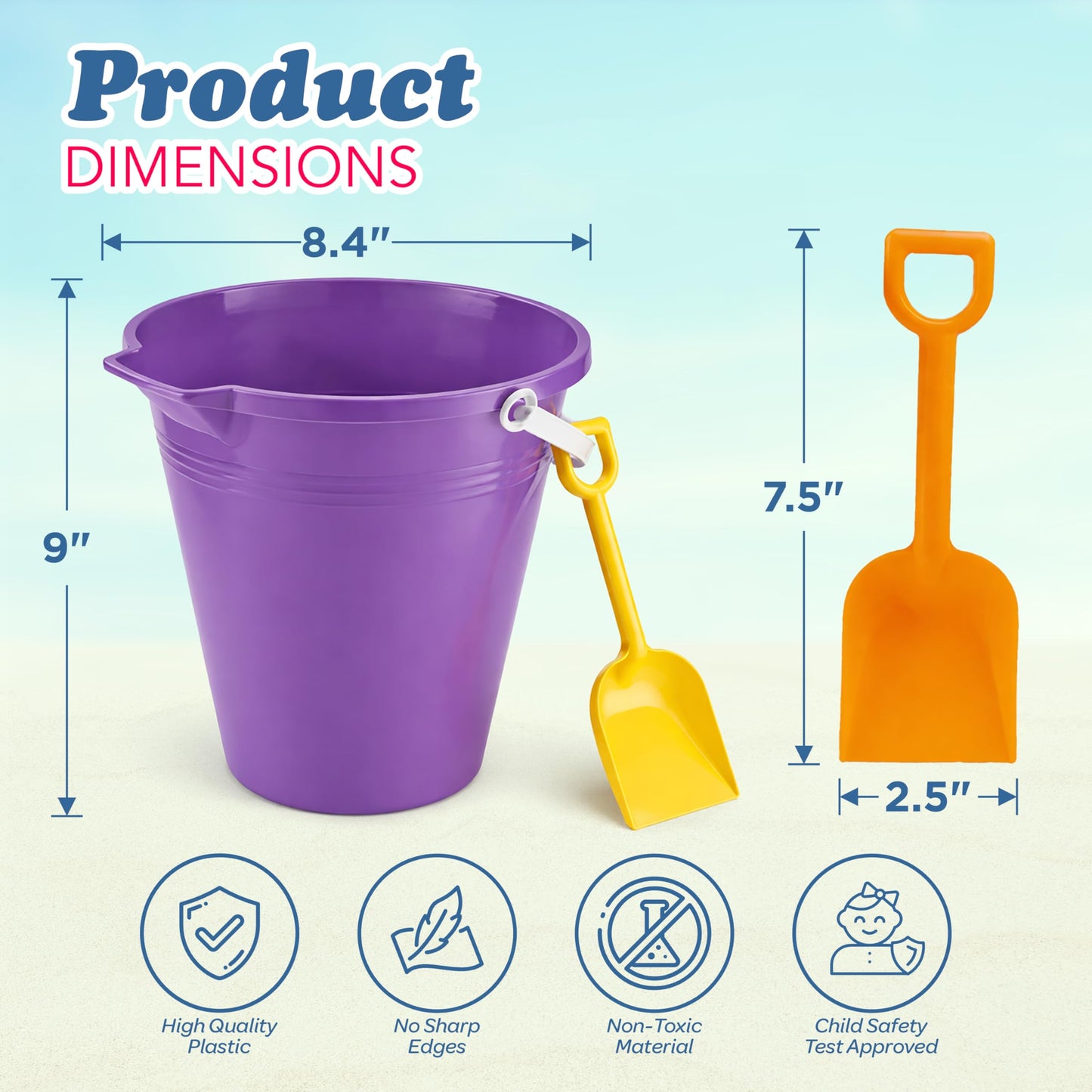 4E's Novelty 9" Large Sand Bucket with Shovel [12 Pack Bulk] Beach Buckets - Beach Toys for Kids & Toddlers, Party Favors Basket Holders, End of Year
