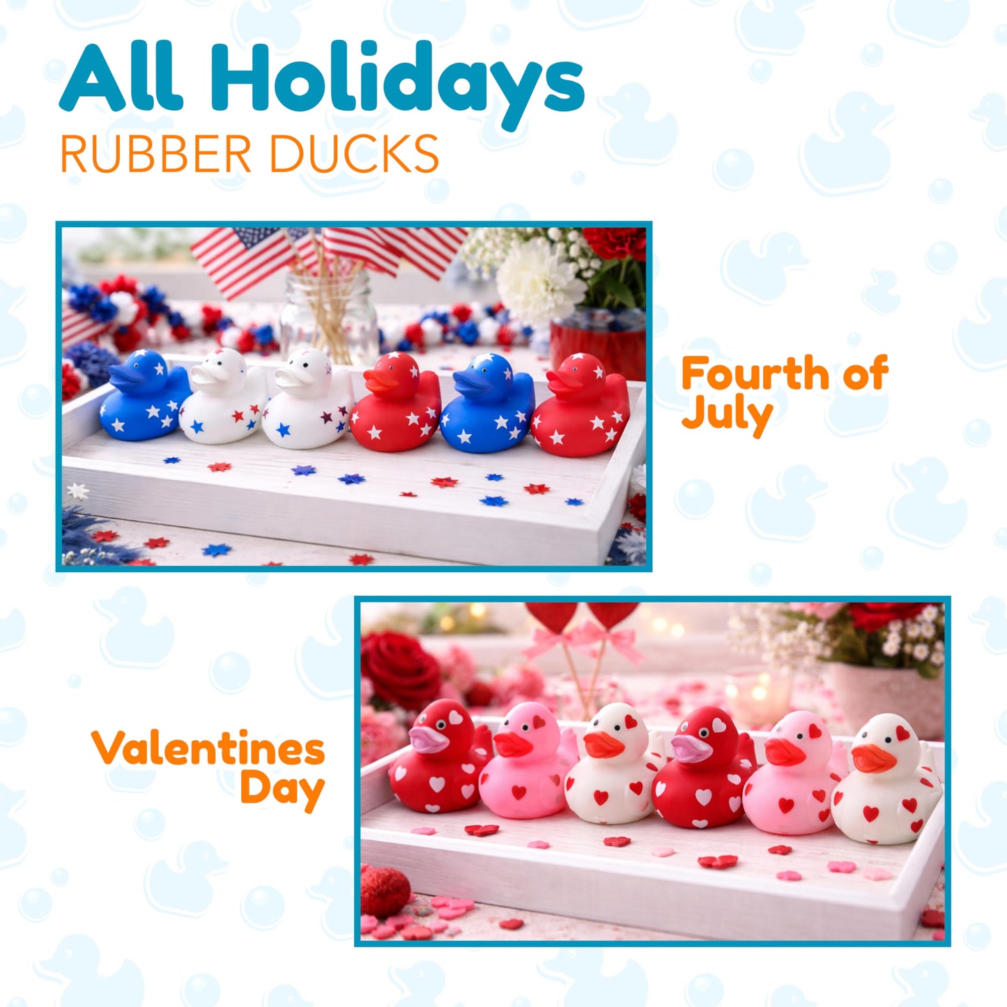 4E's Novelty Rubber Ducks for All Holidays, Bulk Pack of 42 - Includes 6 of Each Holiday, Patriotic July 4 Ducks, Halloween Ducks, Bath Toys for Kids