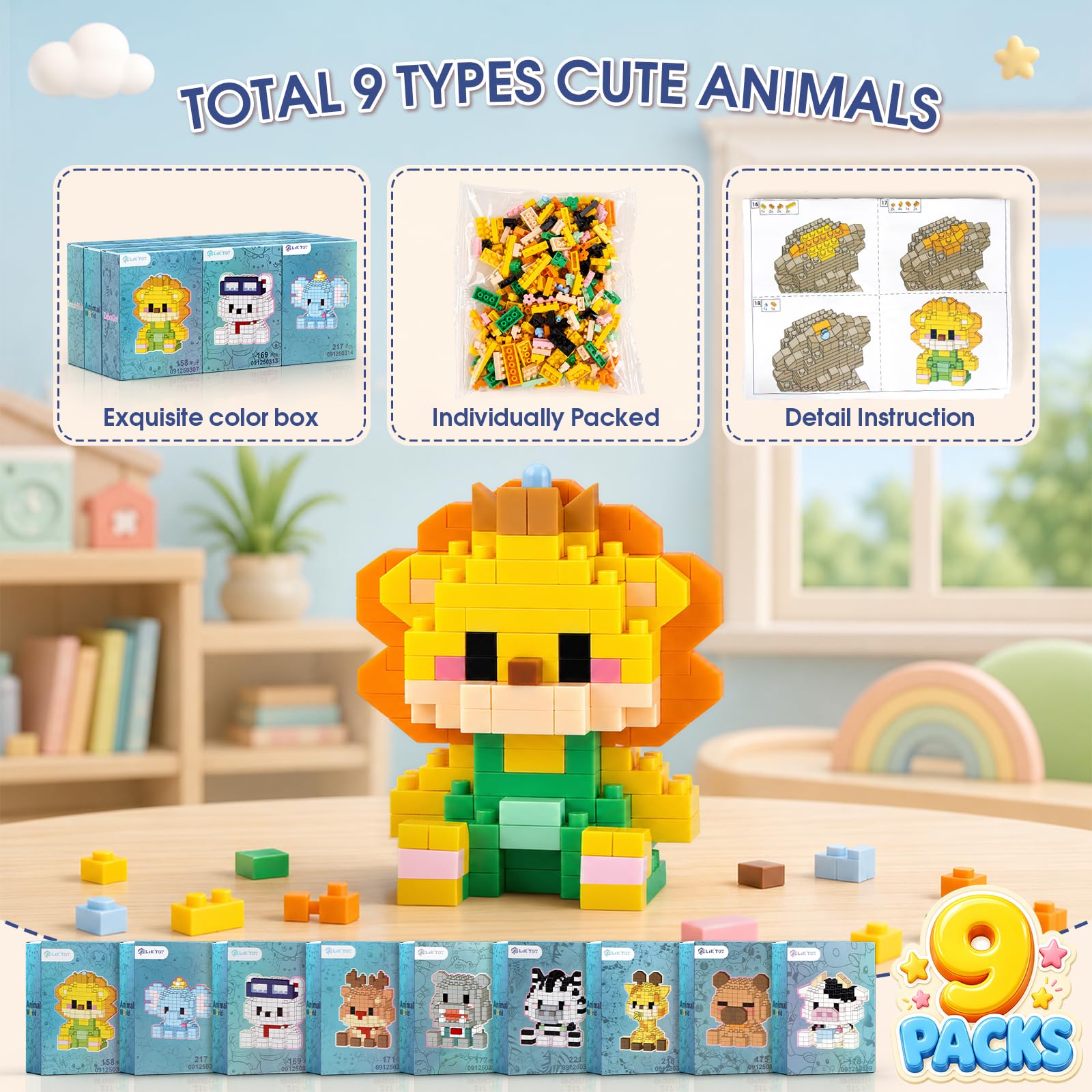 Finger Rock 9Pack Animals Party Favors Building Set, 1684PCS Cute Animal Set for Goodie Bag Stuffers Classroom Prizes, Party Favors Birthday Gift