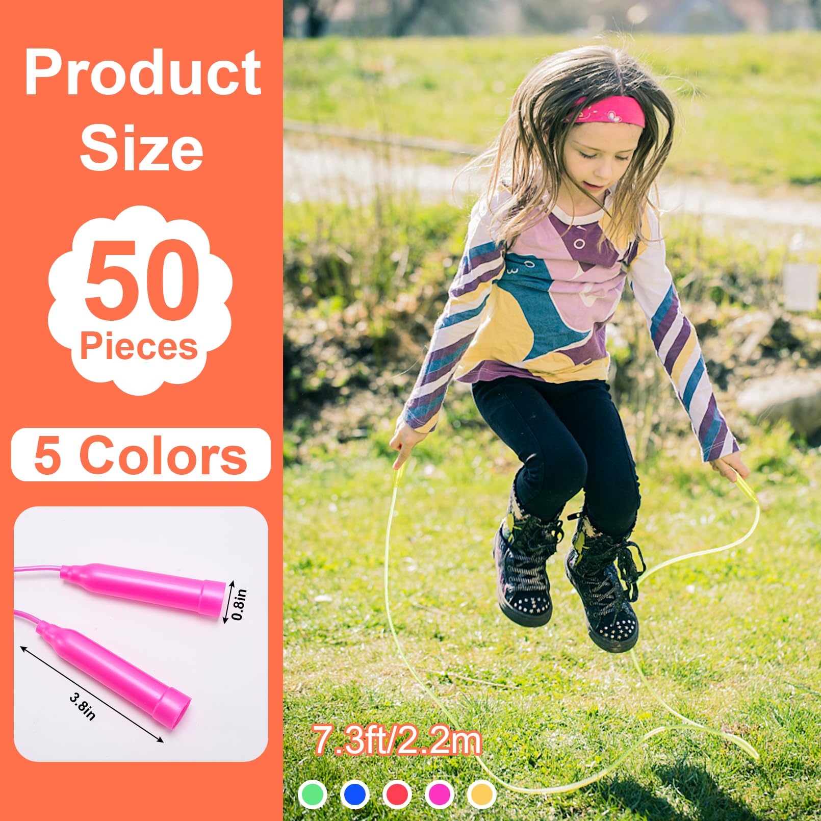 Ycxvacop 50 Pcs Kids Jump Rope Set, 7.3 Ft, Colorful