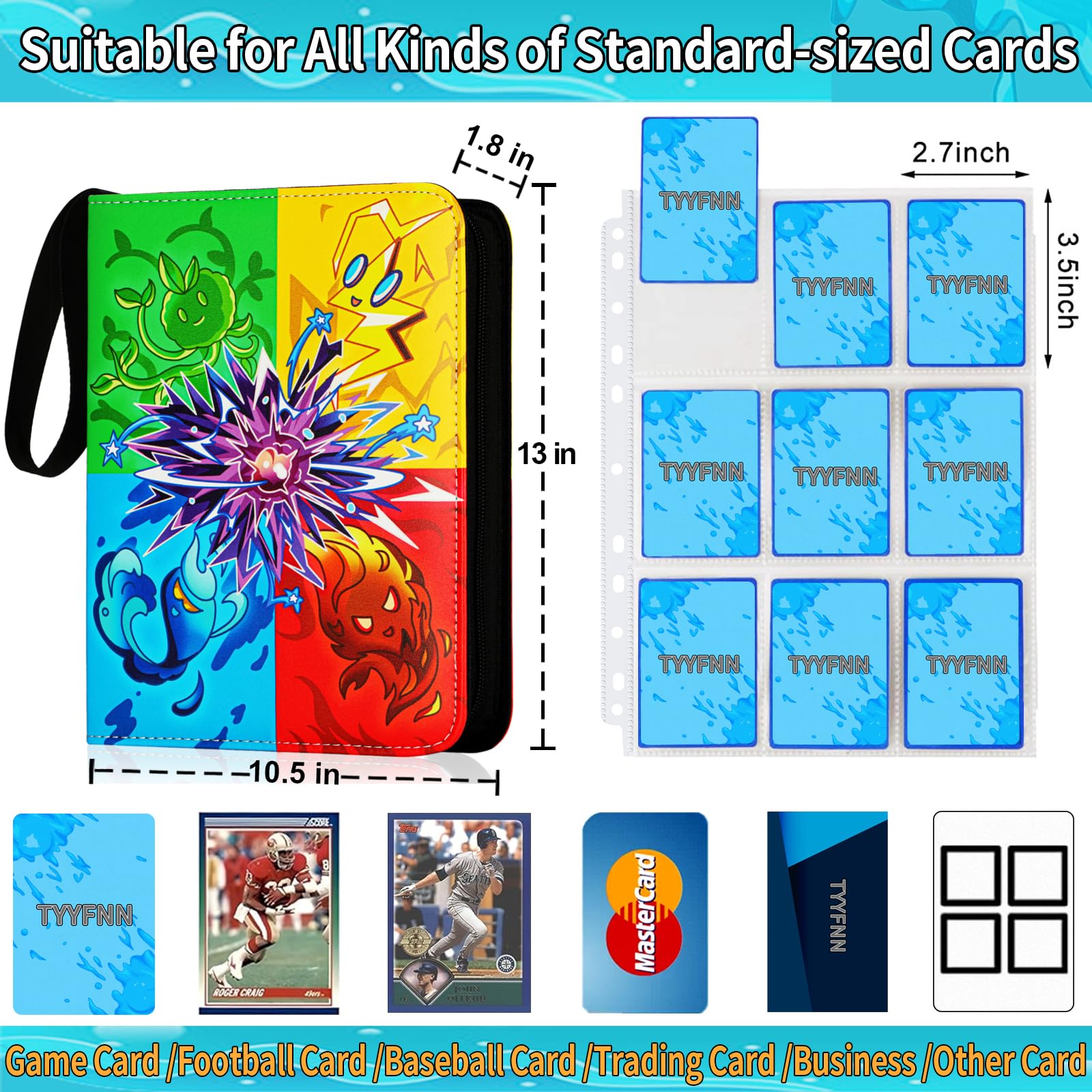 9 Pocket Card Binder for Cards, Trading Card Binder Fits 900 Cards with 50 Removable Sleeves, Zipper Card Holder Case Album Book for Boys Girls