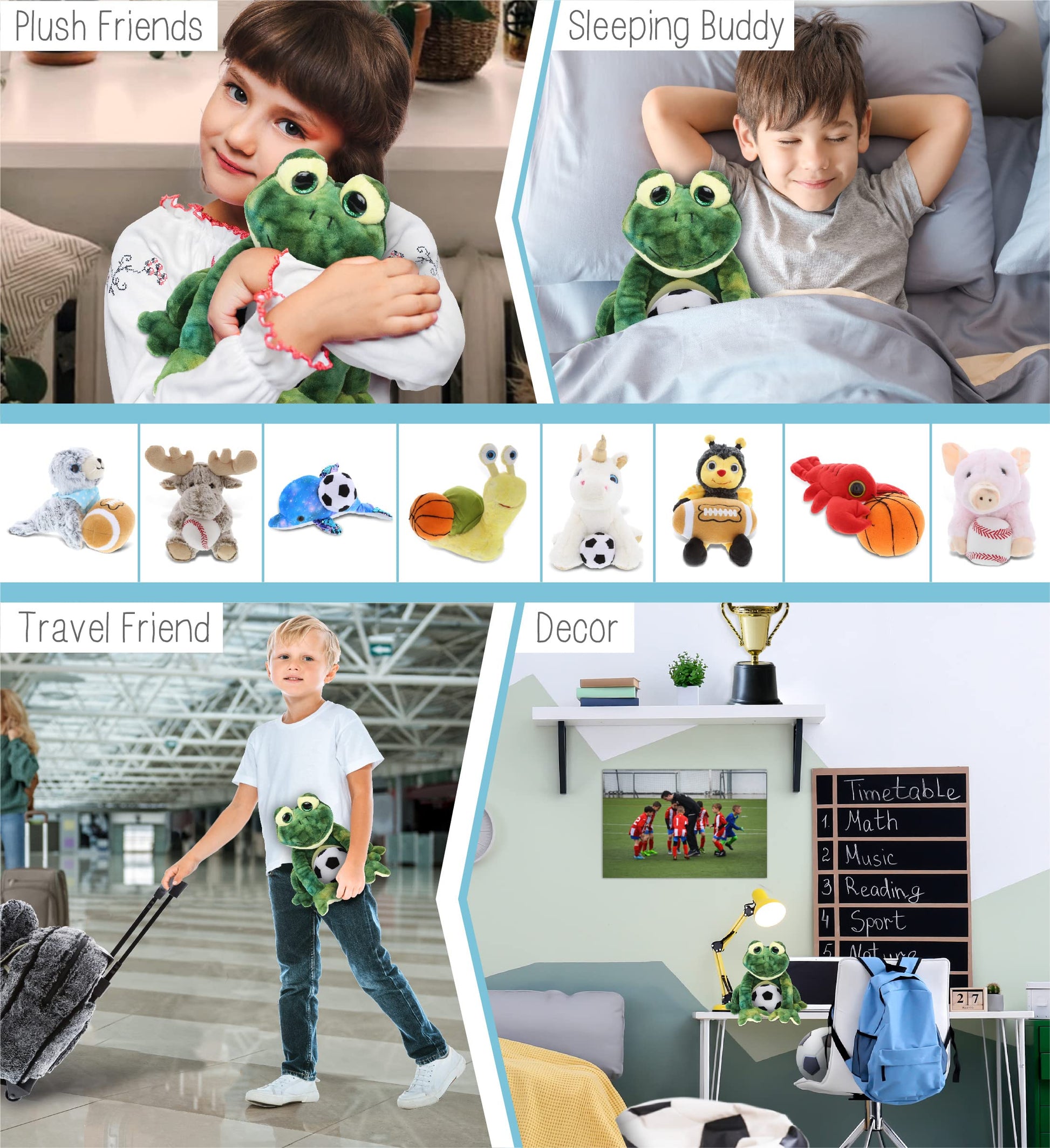 DolliBu Squat Frog Stuffed Animal with Soccer Ball Plush - Soft Huggable Frog, Adorable Playtime Squat Frog Plush Toy, Cute Farm Life Sports Gift