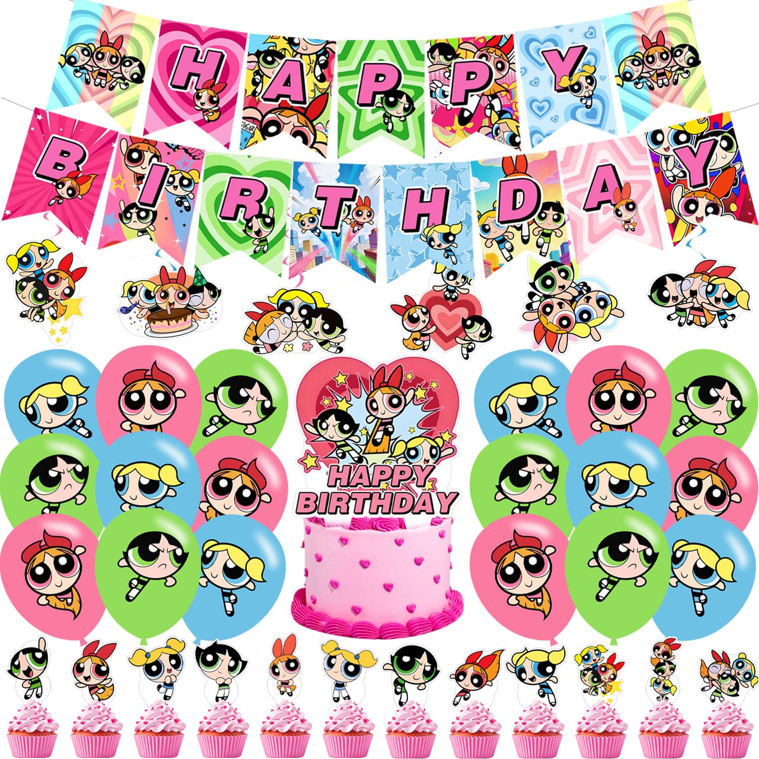 Power Girls Birthday Party Decorations, Happy Birthday Banner, Cake Topper, Hanging Swirls & Latex Balloons, Power Girls Party Supplies for Girls