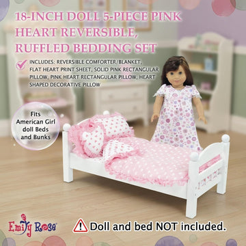Emily Rose 18" Doll Pink Heart Valentines Bedding Set - 5 Pc Doll Bed Bedding & Bedroom Accessories with Comforter, Pillows & Matress Covering Flat