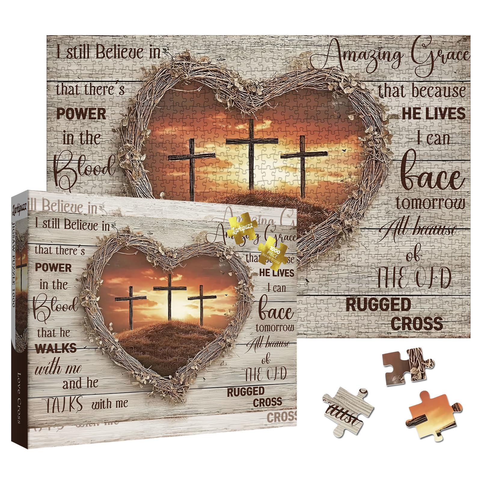 Larkipuzz Christian Heart Cross Puzzles for Adults 1000 Pieces, Vintage Love Religious Bible Jigsaw Puzzle, Inspirational Scripture Sunset Landscape