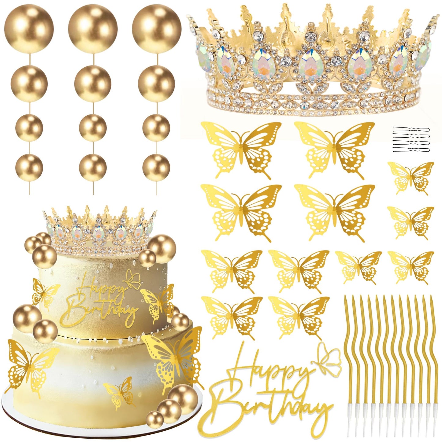 ZOYVUX Birthday Crown Cake Topper, Cake Decorations with Happy Birthday Cake Topper, Balls, Gold Butterflies, Corona Para Pastel for Women, Princess