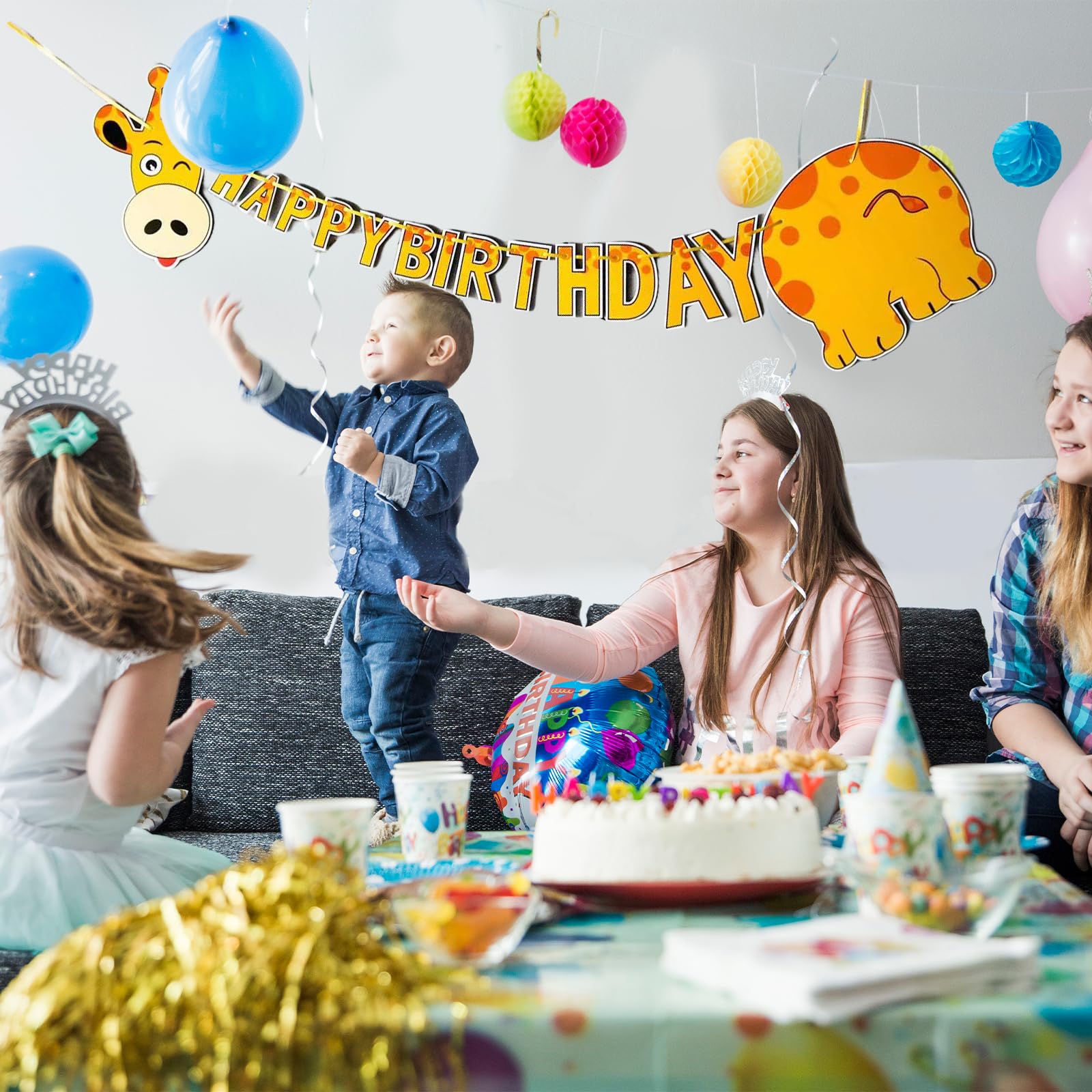 Giraffe Happy Birthday Party Banner, Cartoon Safari Animal Garland, Kids Jungle Themed Birthday Decorations, Funny Wall Hanging Letter Bunting