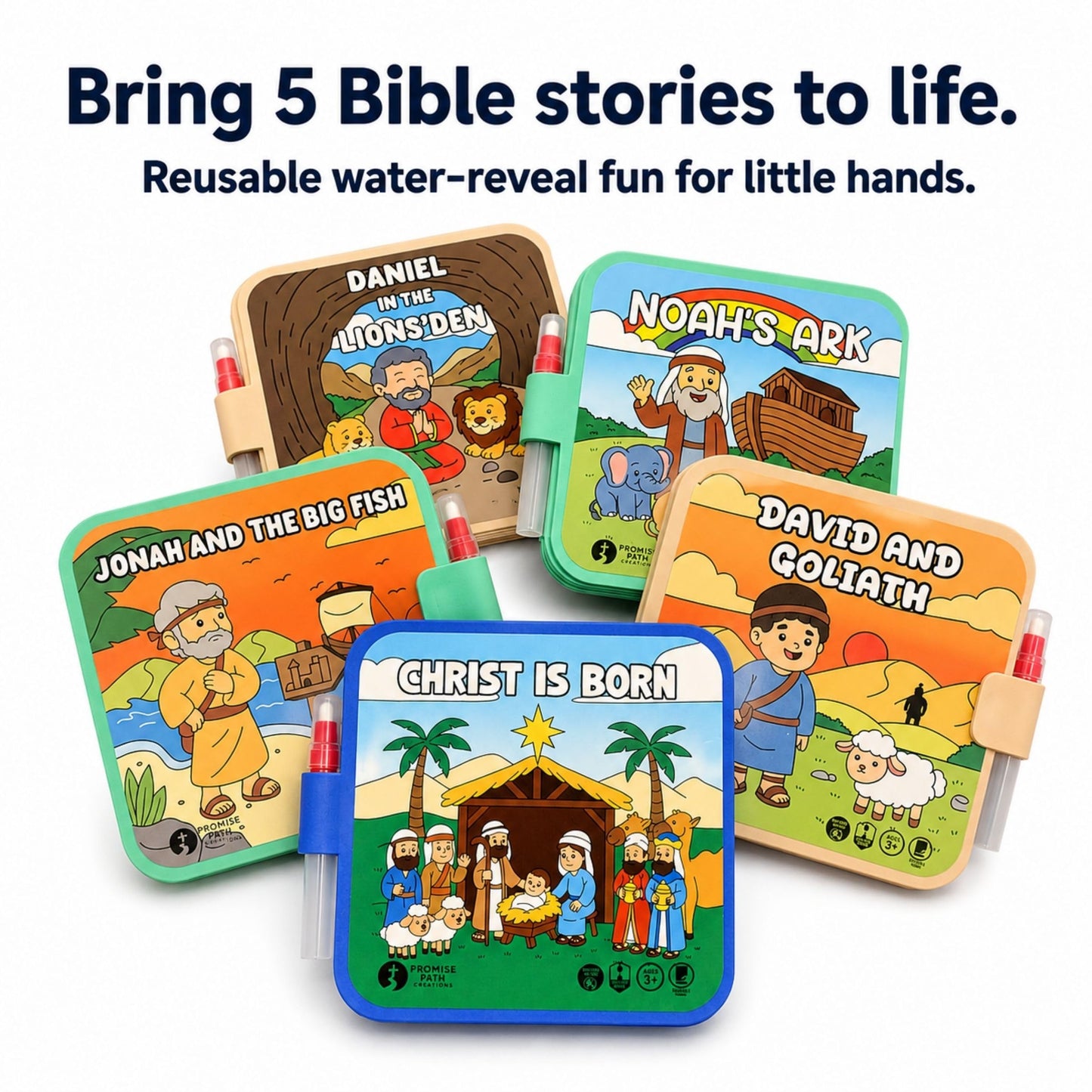 Reusable Bible Story Water Reveal Coloring Book Set for Kids (3 Books, 3 Water Pens) - Mess-Free Christian Activity Series with Noah’s Ark, Jonah