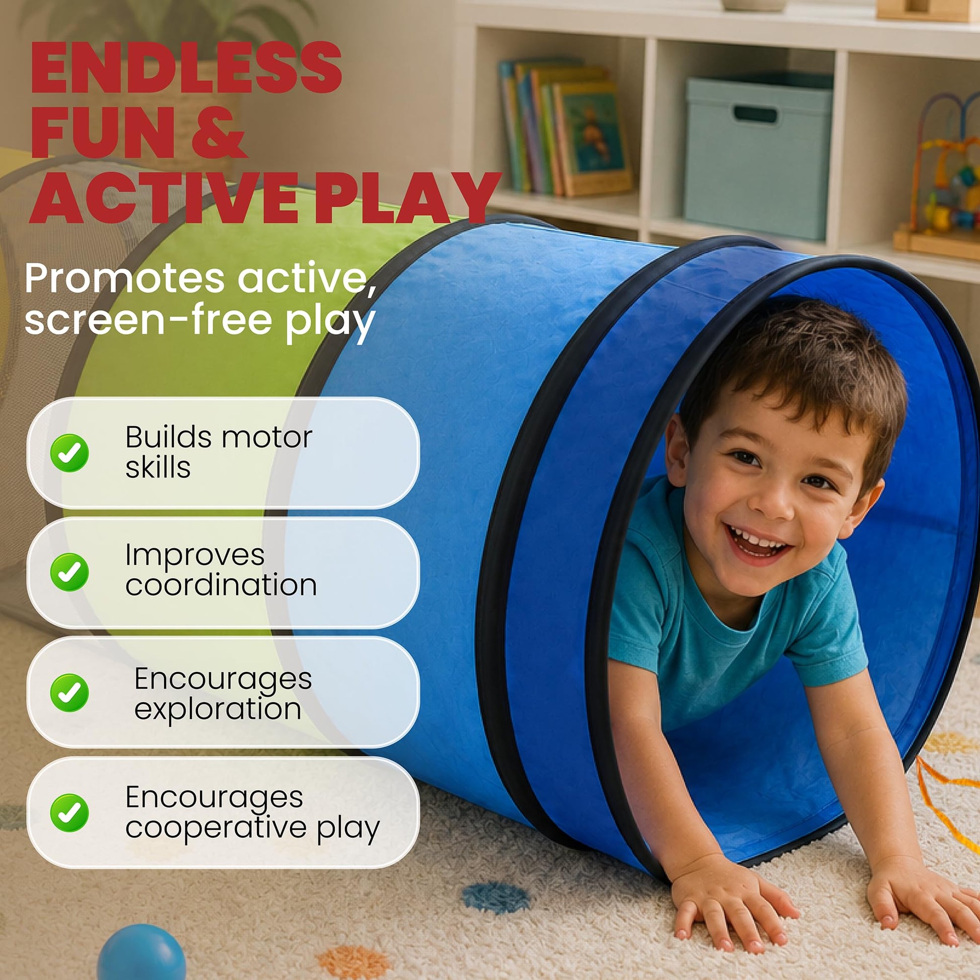 Kids Tunnel Tent for Toddlers & Children - Pop Up Play Tunnel with Crawl Tube & Breathable Mesh Windows for Baby or Pet - Indoor & Outdoor Collapsible