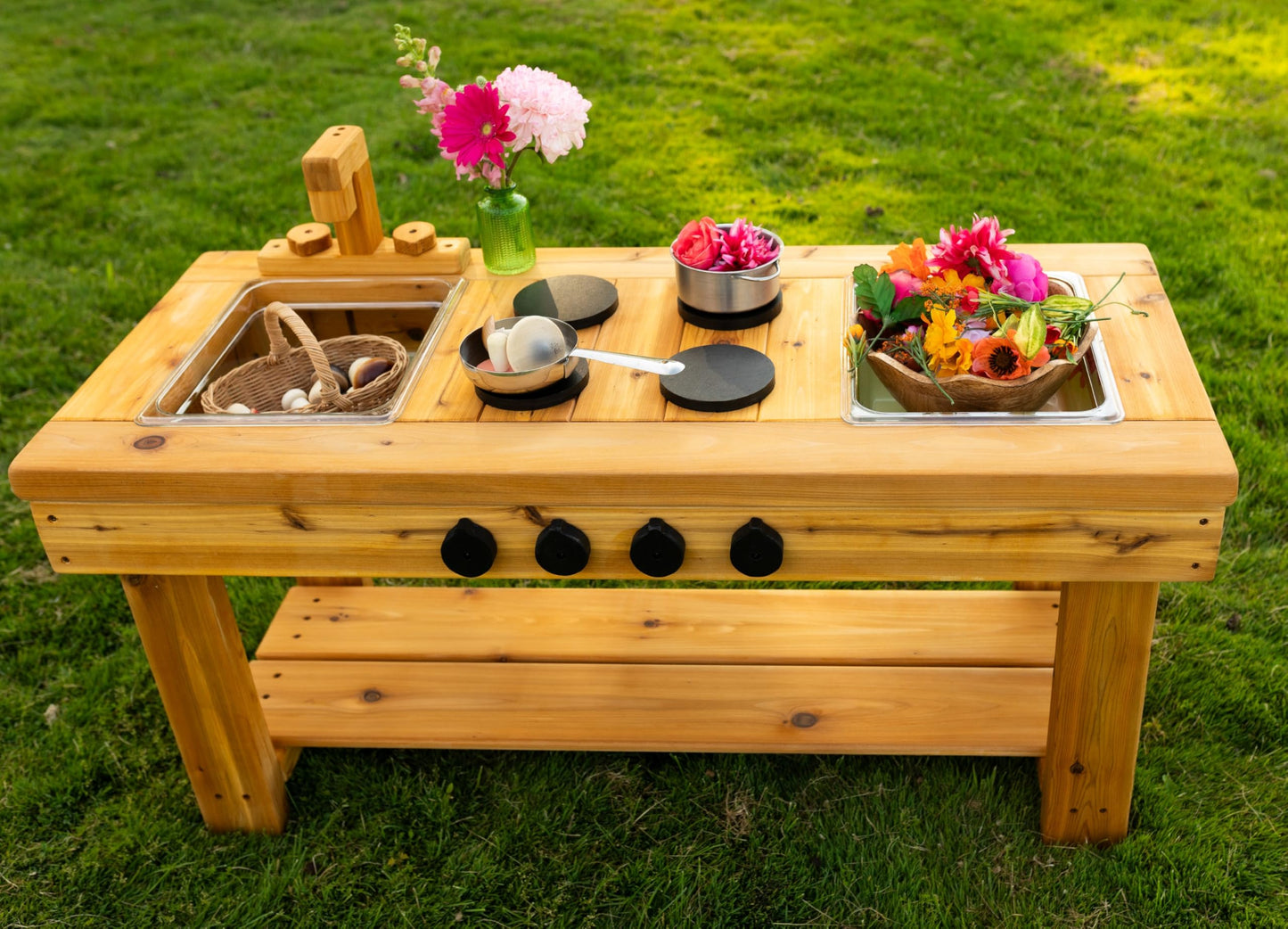 Noble Toys XL Cedar Outdoor Mud Kitchen Centered with Stovetop for Toddlers and Kids | Pretend Play Toddler Table | Sensory Table | Outside Playset |