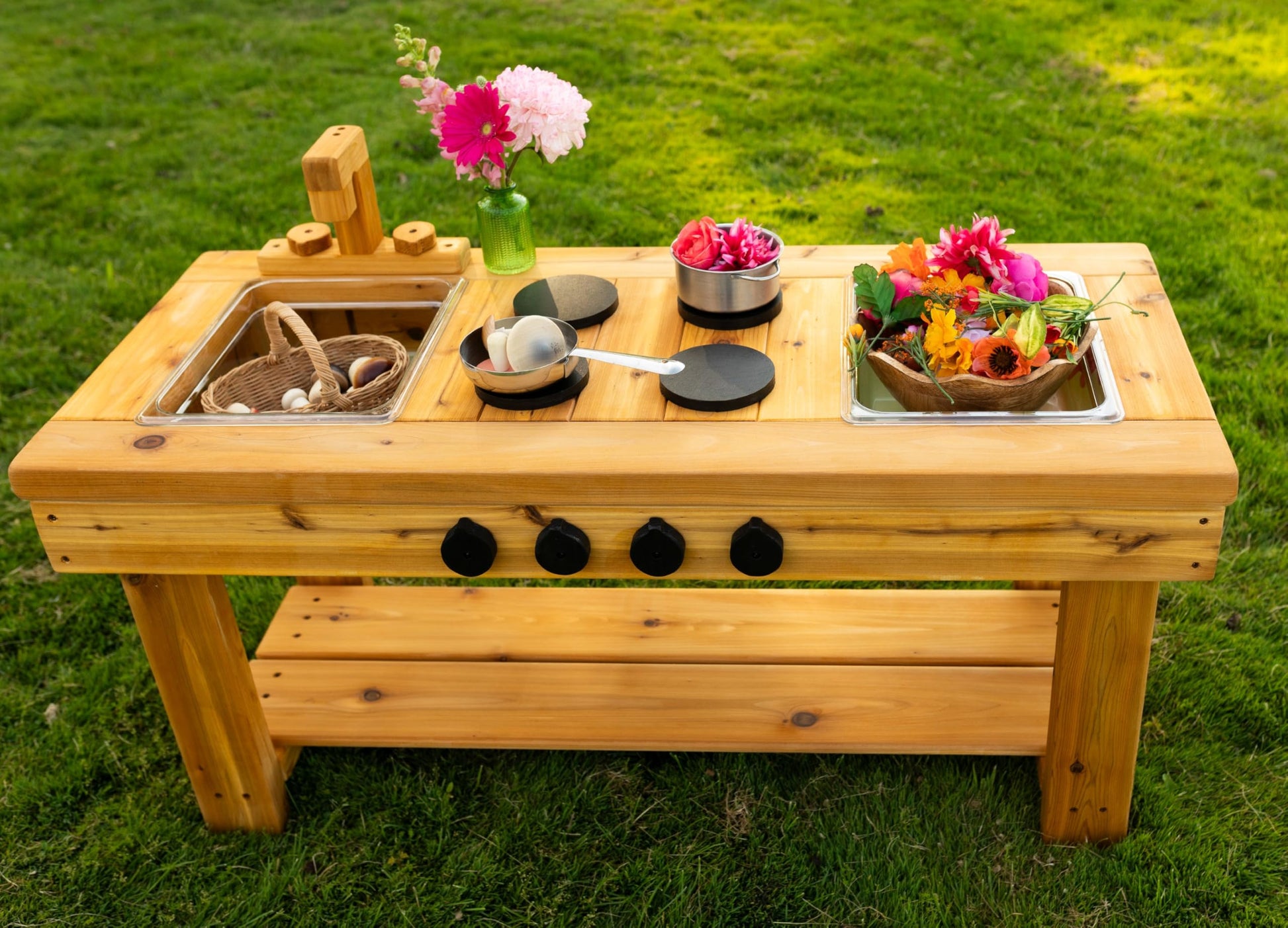 Noble Toys XL Cedar Outdoor Mud Kitchen Centered with Stovetop for Toddlers and Kids | Pretend Play Toddler Table | Sensory Table | Outside Playset |