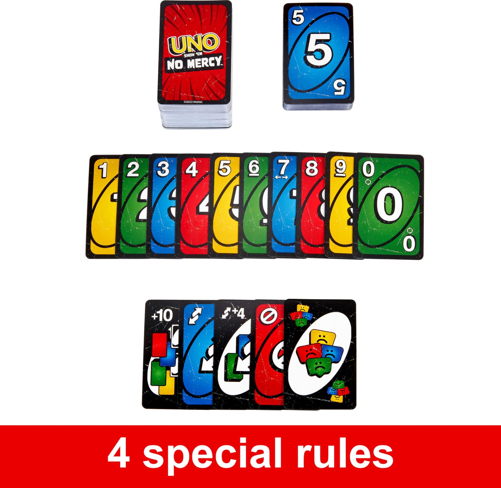 Mattel Games UNO Show ‘em No Mercy Card Game in Storage & Travel Tin for Kids, Adults & Family Night with Extra Cards, Special Rules & Tougher