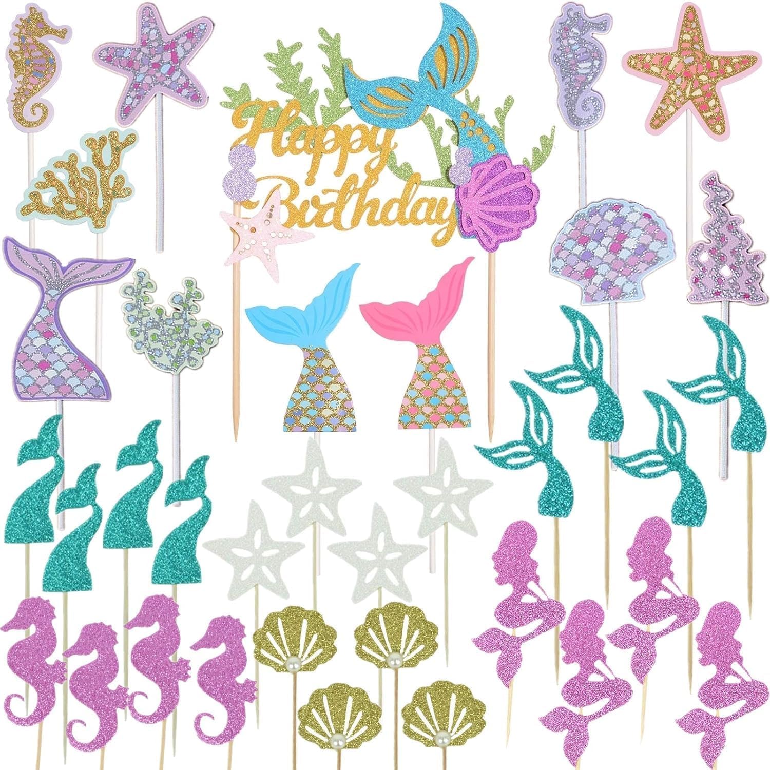 36Pcs Mermaid Cupcake Toppers for Sea Ocean Birthday Theme Party Supplies