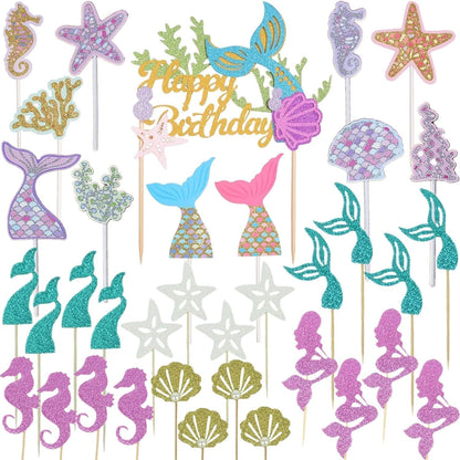 36Pcs Mermaid Cupcake Toppers for Sea Ocean Birthday Theme Party Supplies
