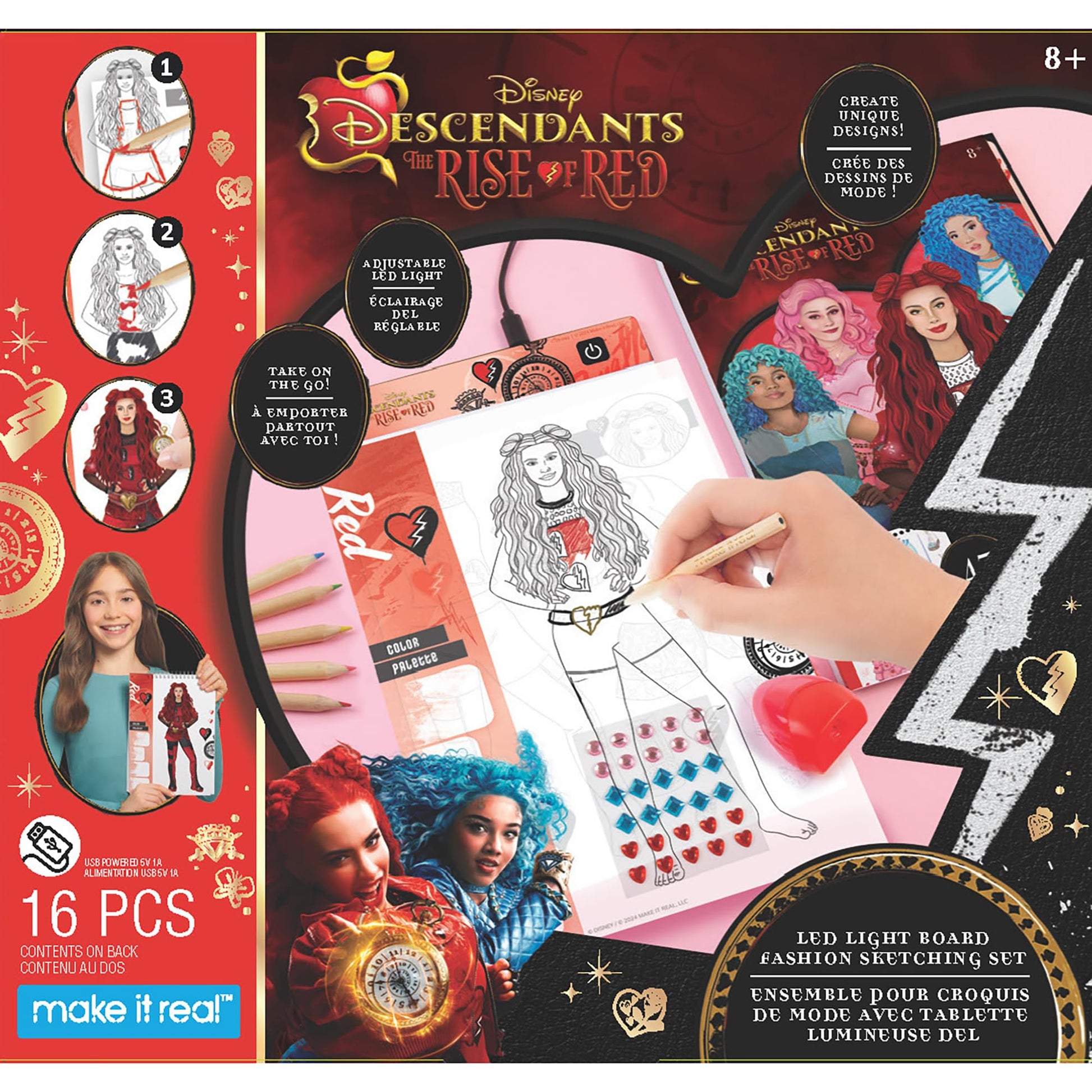 Make It Real: Descendants 4 Rise of Red - LED Light Board Fashion Sketching Set - Create Fashion Designs, Adjustable Light, Disney, Girls-Kids Age 8+
