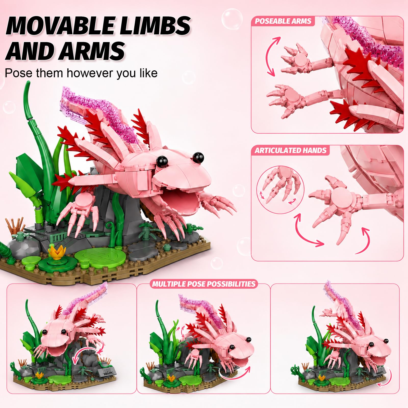 Axolotl Building Set, 998 PCS Axolotl Set for Adults & Teens 14+, Compatible with LEGO Animals Collection, Movable Salamander Model Kit with Display