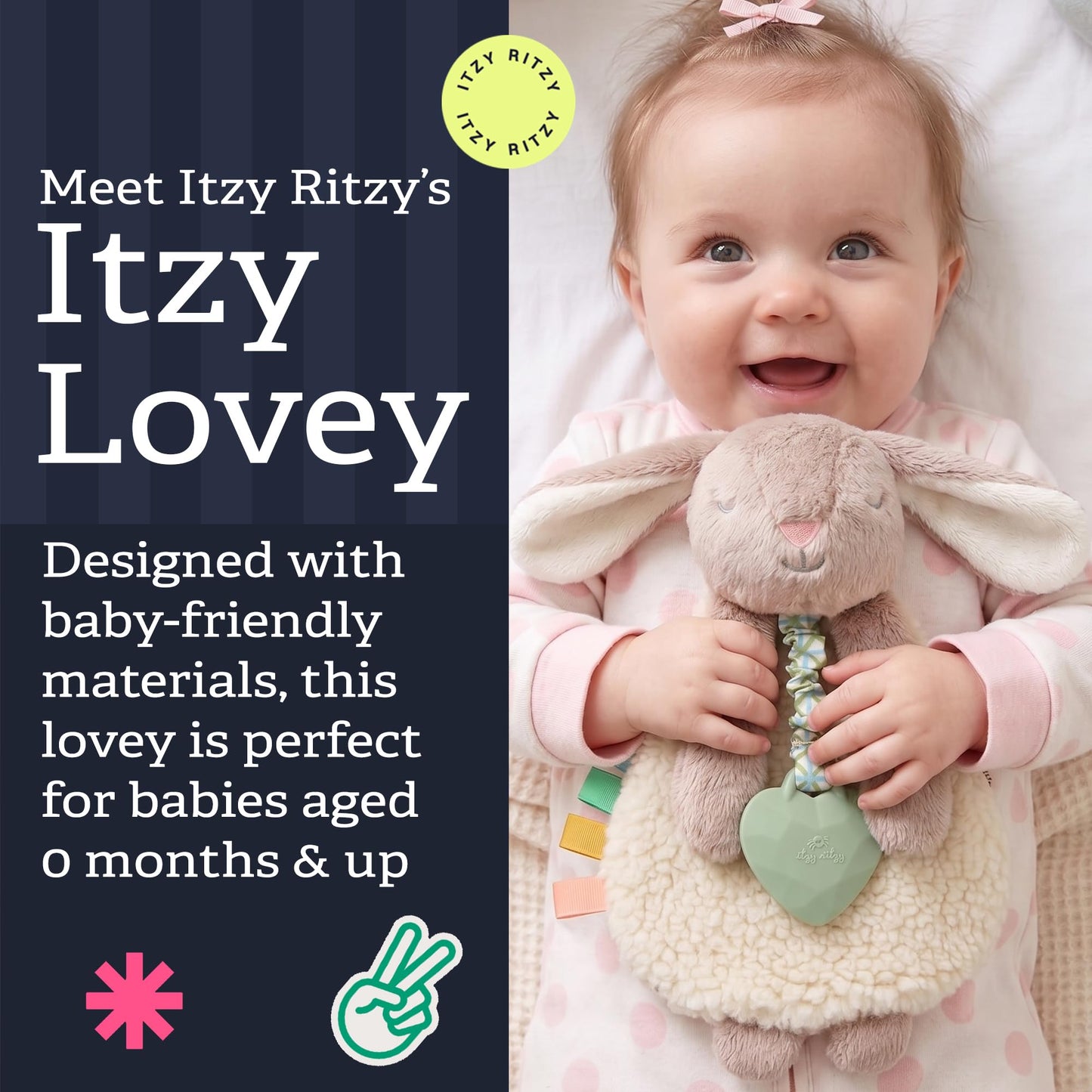 Itzy Ritzy - Itzy Lovey Including Teether - Baby Lovey with Teether, Textured Ribbons & Dangle Arms - Features Crinkle Sound, Sherpa Fabric and Minky