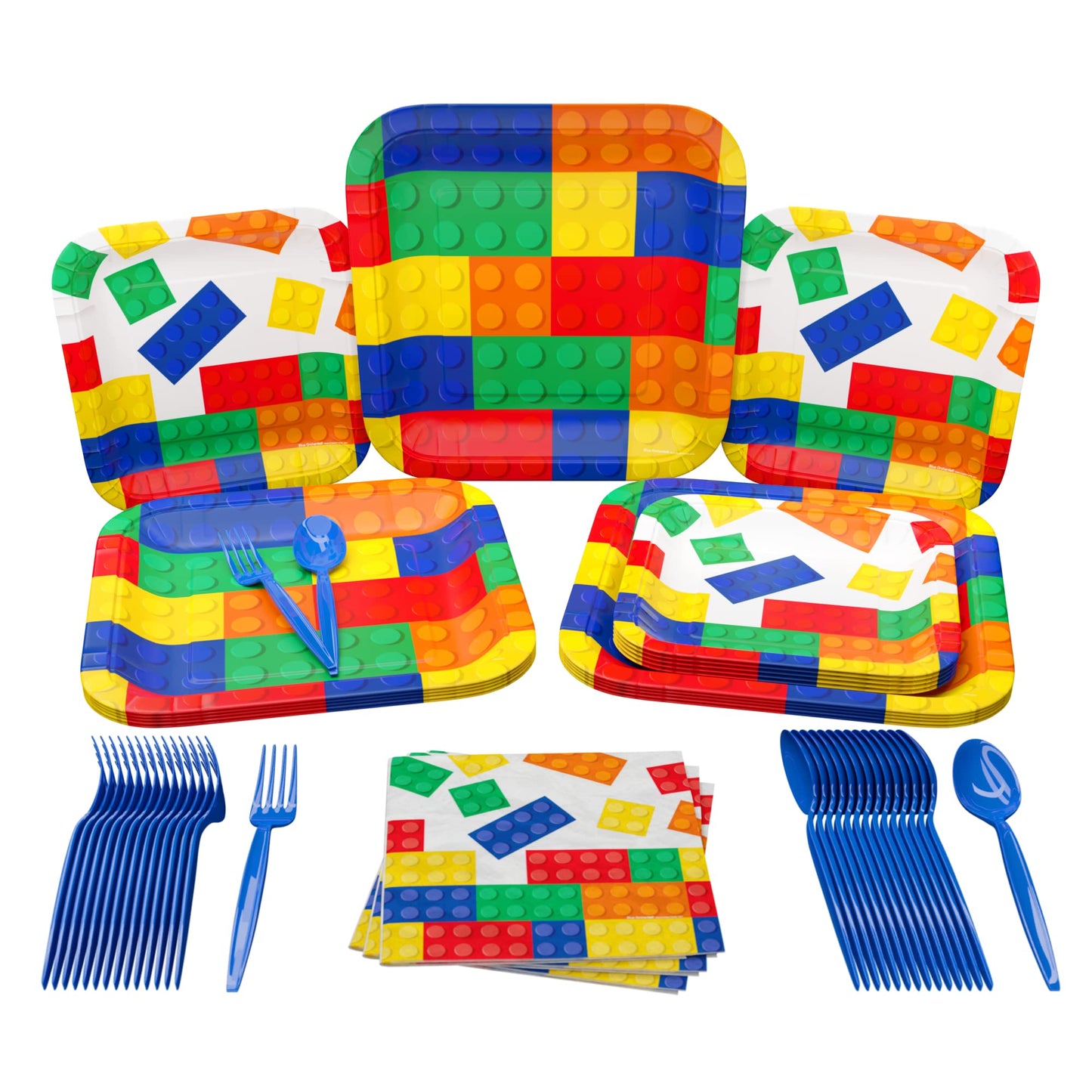 Blue Orchards Brick Party Supplies Packs (100 Pieces for 16 Guests) - Building Block, Gaming Birthday Decorations, Gamer Blocks Decor, Brick Theme
