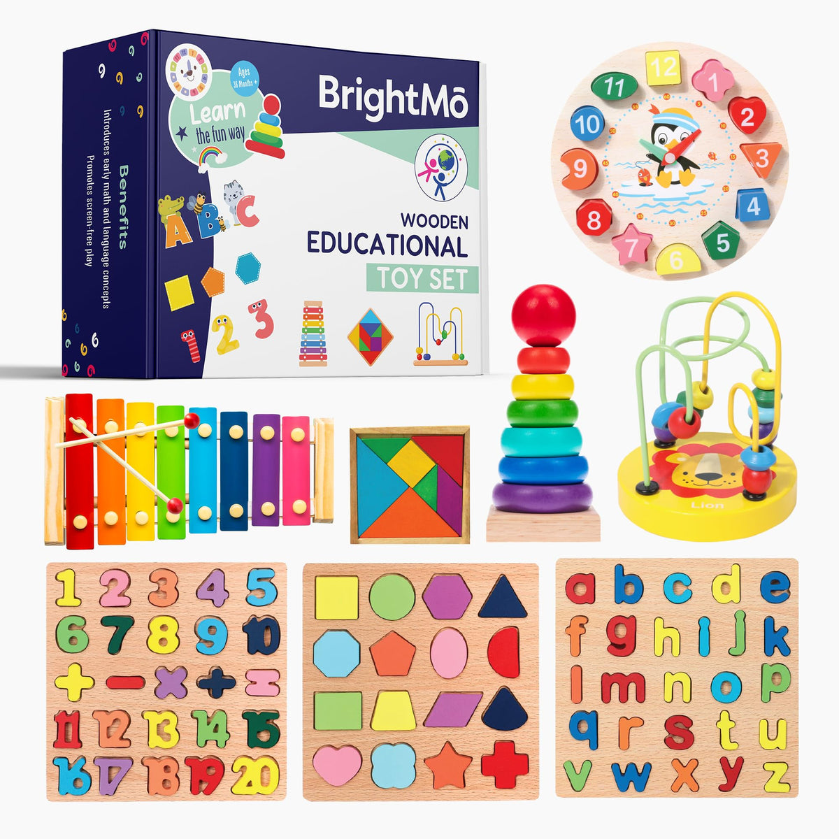 BrightM? Montessori Toys for 3 Year Olds, 8-in-1 Wooden Travel Activity Set - Alphabet, Number & Shape Puzzles, Xylophone, Bead Maze - Compact Busy