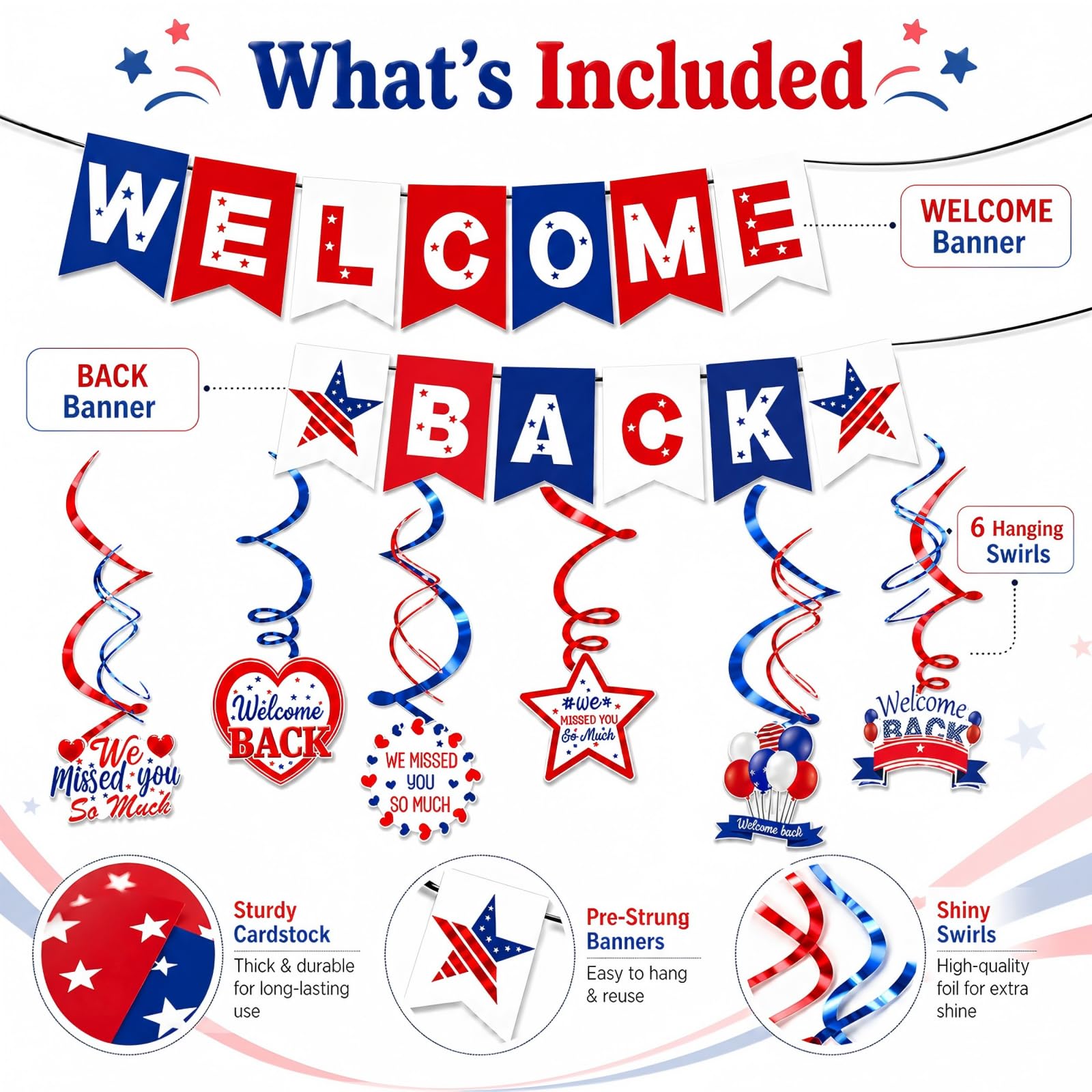 Welcome Back Decorations with Welcome Back Banner and 6 Hanging Swirls