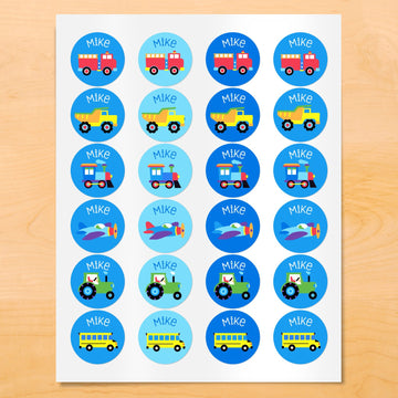 Olive Kids Trains, Planes, Trucks Personalized Round Waterproof Labels