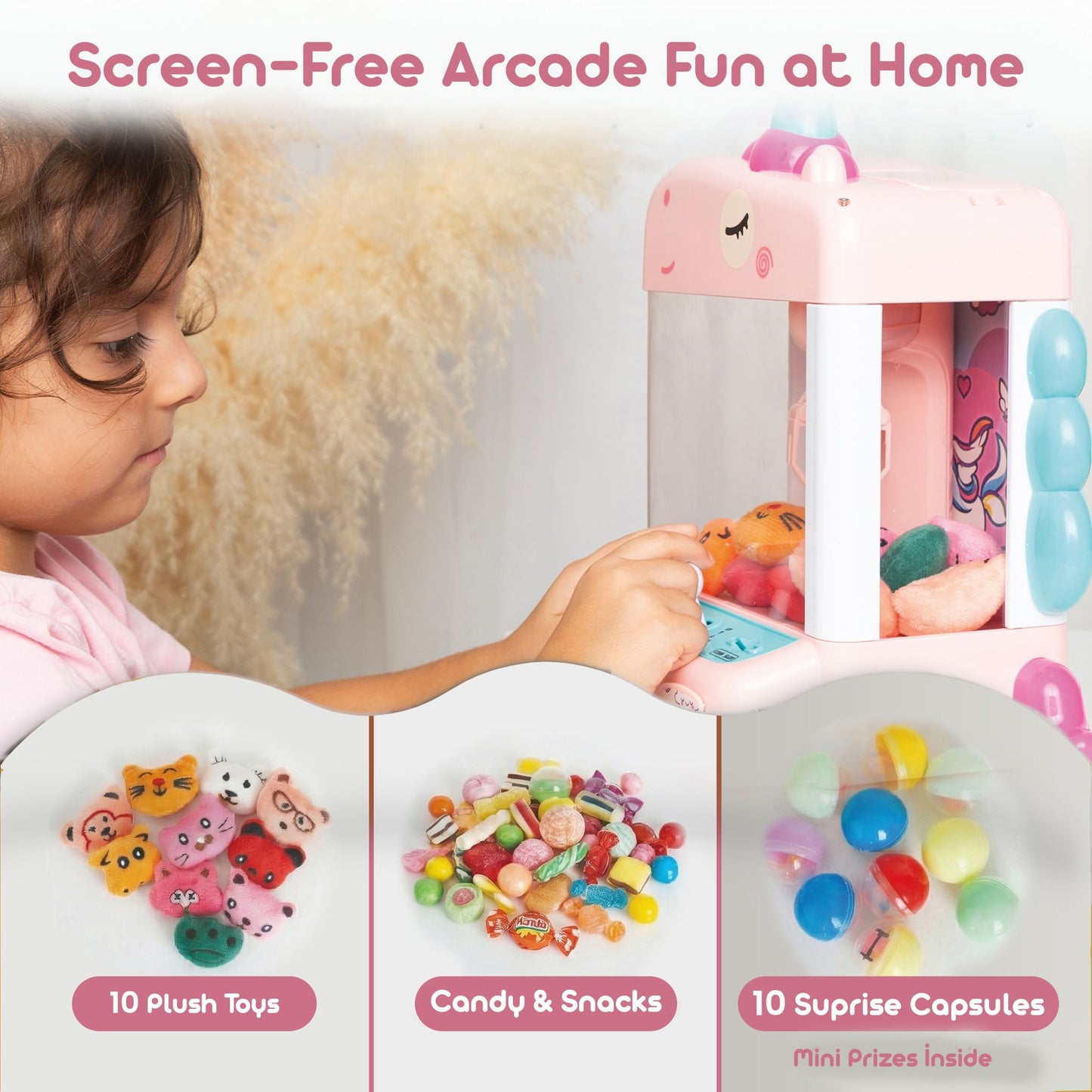 Claw Machine for Kids with 10 Plush Toys, 10 Surprise Eggs & 50 Stickers - Mini Arcade Claw Game with Silent Mode, LED Lights, USB or Battery Powered