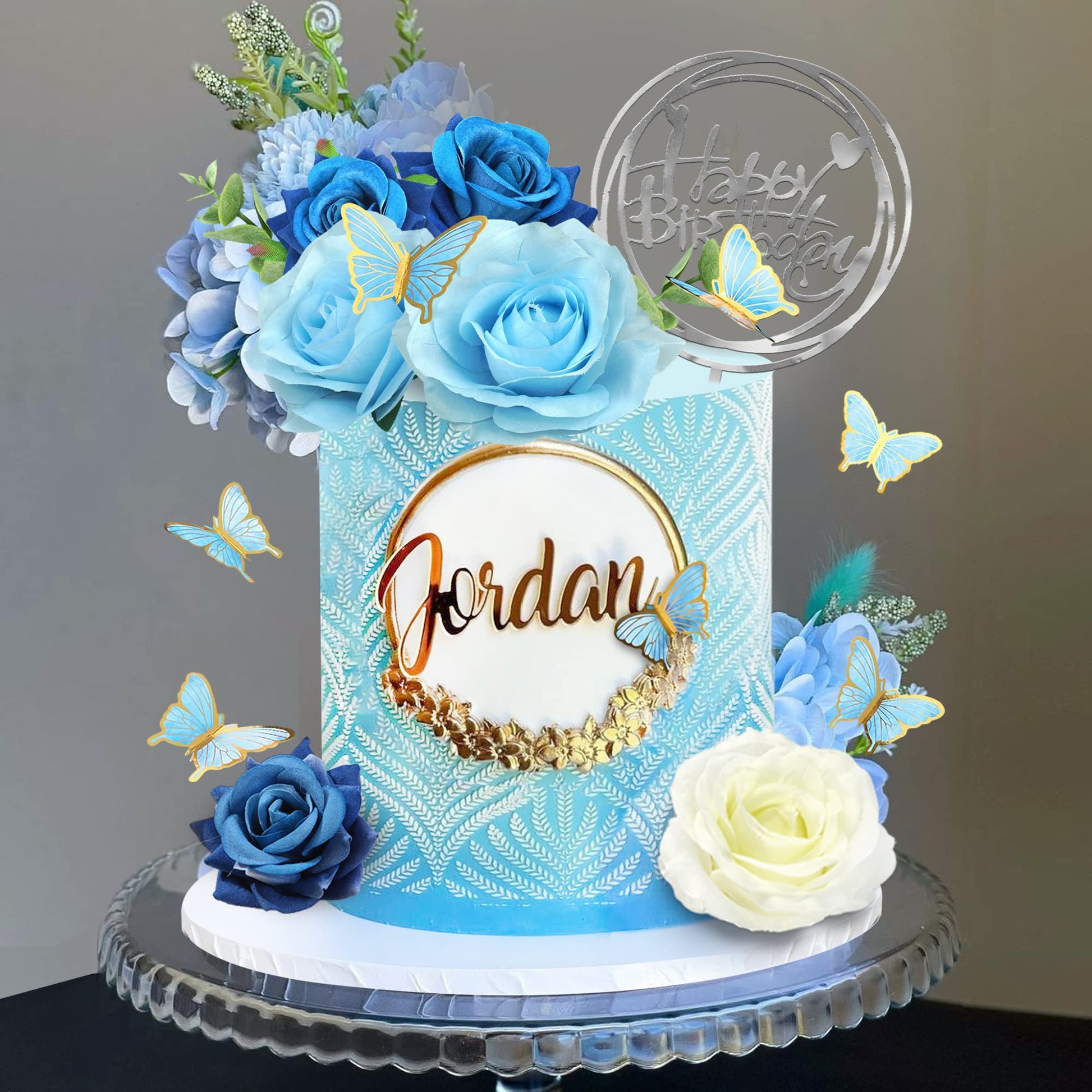 19 PCS Flower Cake Toppers Butterfly Happy Birthday Cake Decorations with Artificial Blue Rose Flowers Eucalyptus Butterflies for Party Wedding Baby