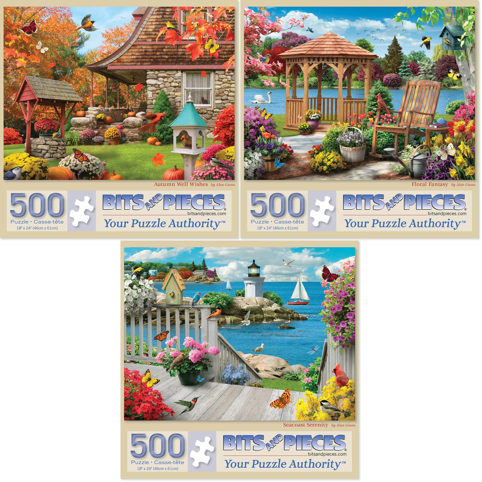 Bits and Pieces - Value Set of Three 500 Piece Jigsaw Puzzles for Adults - Autumn Well Wishes, Seacost Serenity, Floral Fantasy Jigsaw Puzzles by