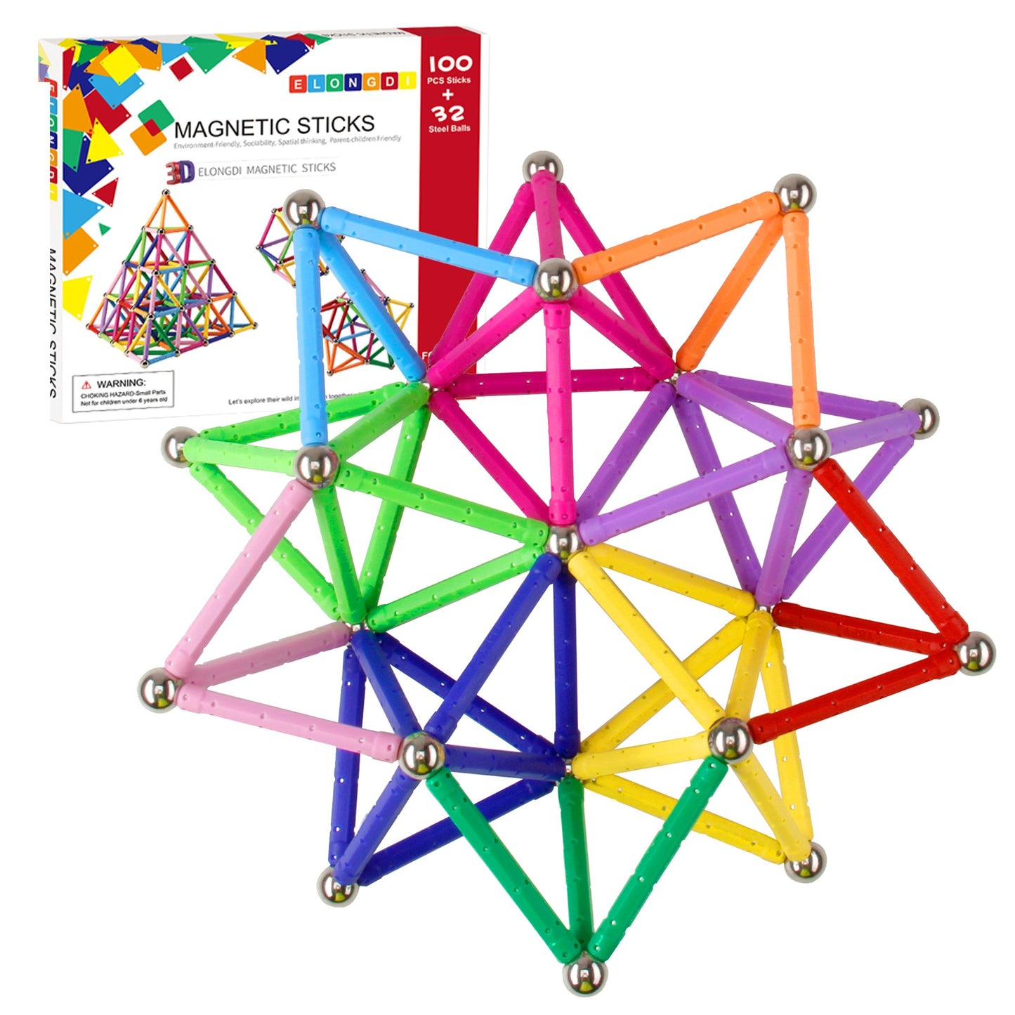 ELONGDI Magnetic Building Blocks, [ 132 Pieces ] Lengthen Building Sticks Set, Magnet Stem Toys Set Non-Toxic Building 3D Puzzle Boys Toys for Kids