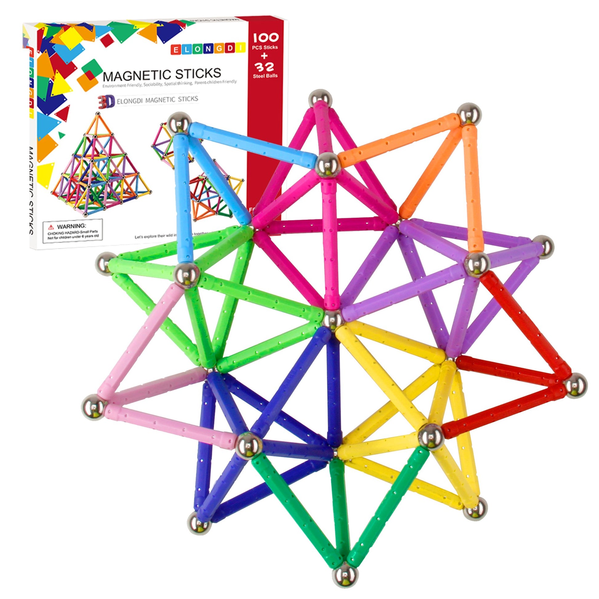 ELONGDI Magnetic Building Blocks, [ 132 Pieces ] Lengthen Building Sticks Set, Magnet Stem Toys Set Non-Toxic Building 3D Puzzle Boys Toys for Kids