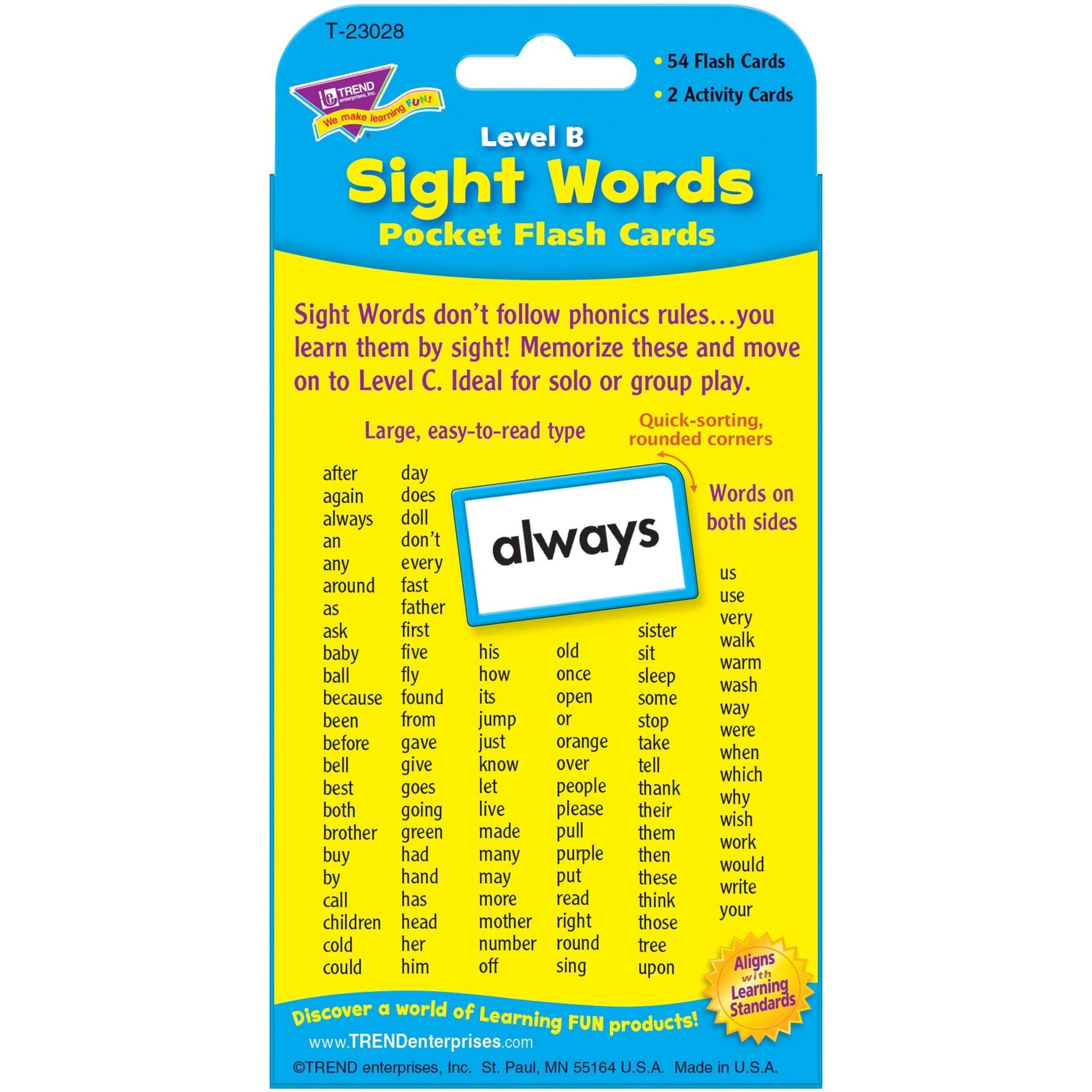 Trend Enterprises: Sight Words Level B Pocket Flash Cards, Great for Skill Building and Test Prep, 56 Two-Sided Cards Included, 108 Commonly-Used