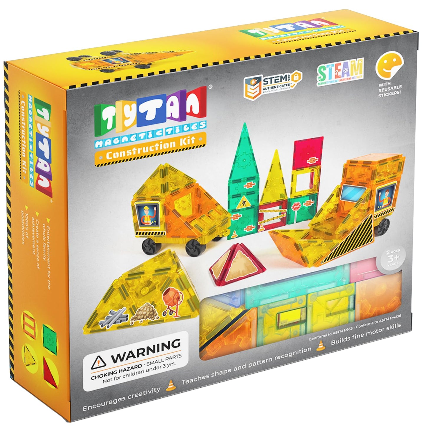 Tytan Tiles Construction Site & Trucks 60-Piece Magnetic Tiles Building Set, Fun Kids’ STEM Toy, Creative Play, Shape & Pattern Recognition, Fine