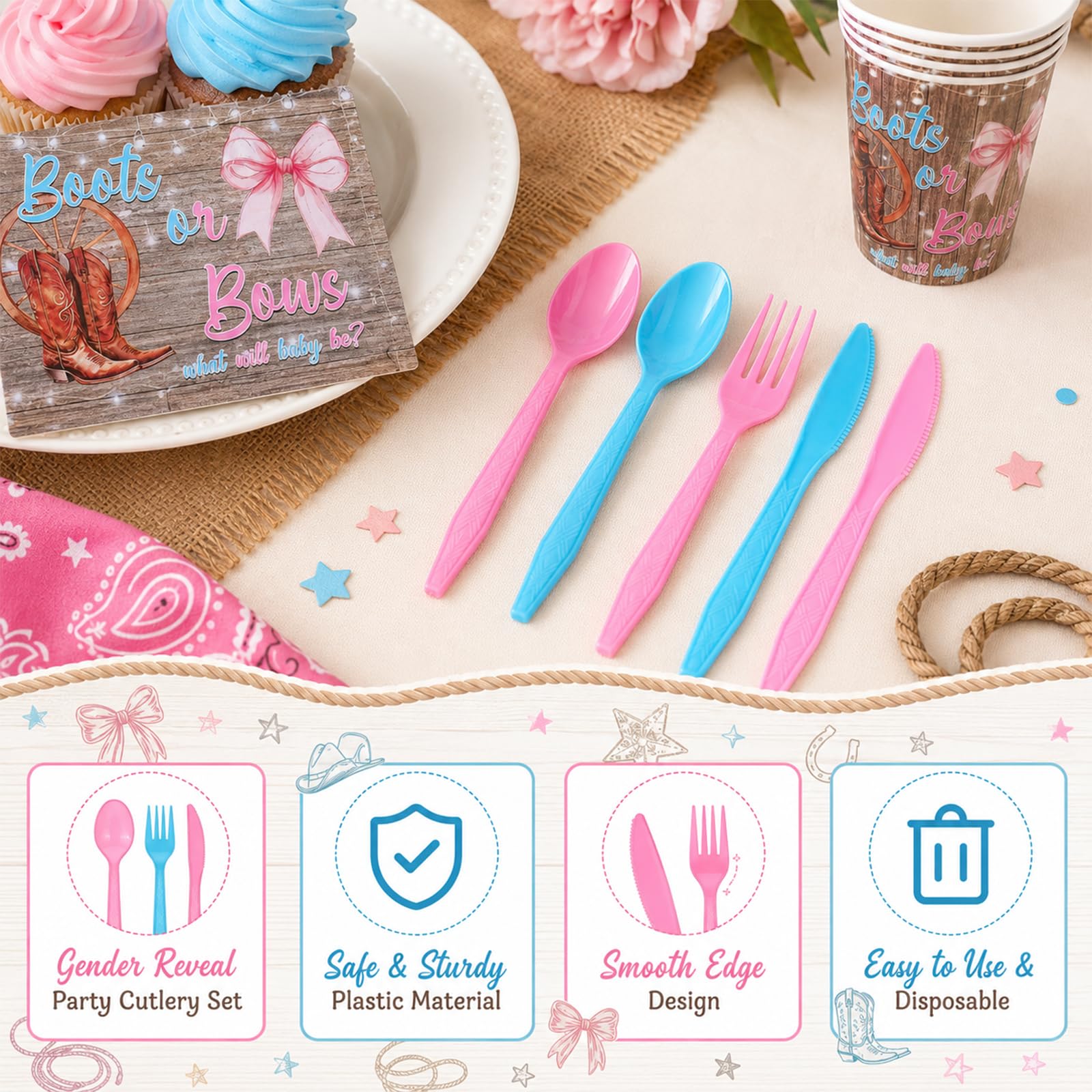 HrEtngiz 175PCS Boots or Bows Gender Reveal Party Decorations - Includes Paper Plates, Cups, Napkins, Spoons, Forks, and Knives, Western Theme Gender