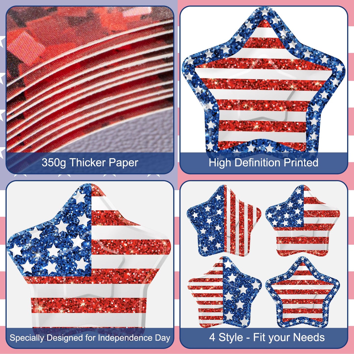 24 Pcs 4th of July Paper Plates - American Flag Patriotic Plate, Disposable Red White and Blue Star Shaped Dinner Dessert Plates Tableware for July
