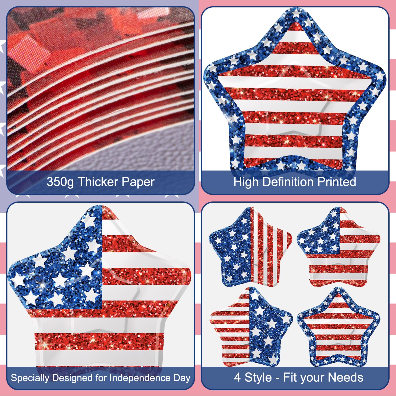 24 Pcs 4th of July Paper Plates - American Flag Patriotic Plate, Disposable Red White and Blue Star Shaped Dinner Dessert Plates Tableware for July