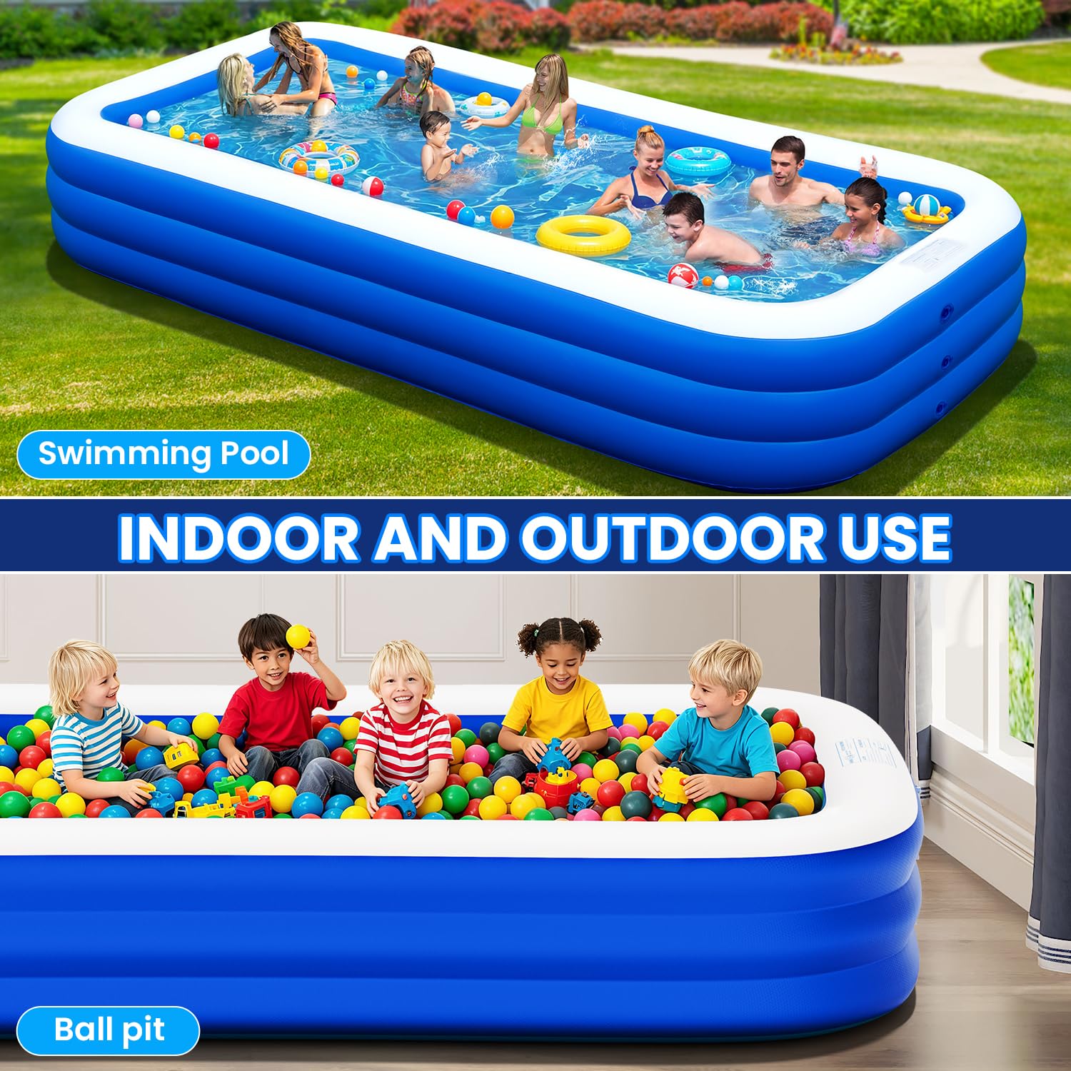 Extra Large Inflatable Pool for Adults, 145" x 74" x 22" Oversized Blow Up Family Swimming Pool, Durable Thickened Above Ground Pool for Backyard