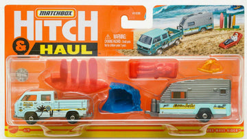 Matchbox Hitch & Haul MBX Wave Rider 4/8 - Volks Transporter Cab, Travel Trailer II (sea Blue), Chair, Surfboards, Surfer Wave