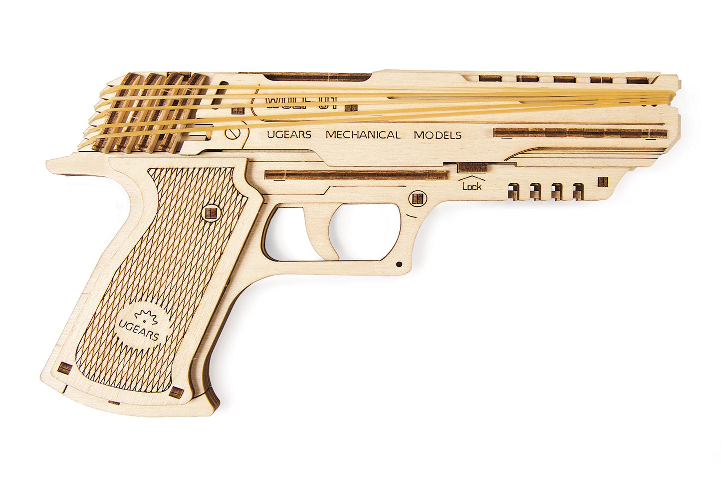 UGEARS Wolf-01 Handgun 3D Wooden Puzzles for Adults - Wooden Model Kits for Adults Rubber Space Band Handguns Mechanical Handgun Models Wood Puzzle