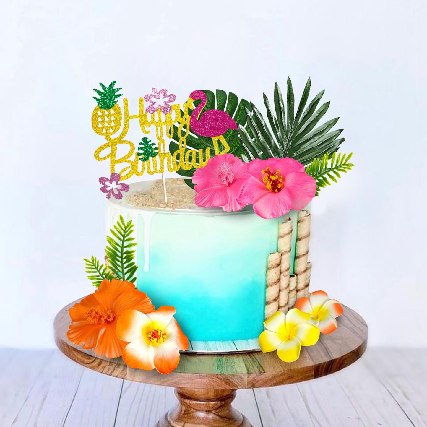 13 PCS Hawaiian Flower Cake Toppers Summer Cake Decoration with Palm Leaves and Hibiscus Flower for Hawaiian Aloha Flamingo Themed Birthday Supplies
