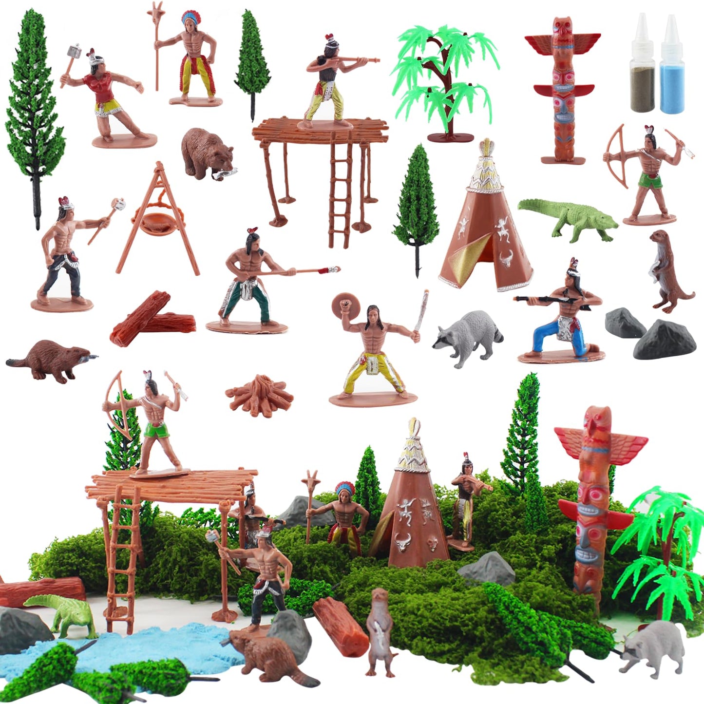 TUSAUW 57 Pcs Plastic Indians Figures Playset Toy,Native American Indians Action Figurines and Accessories with Horse, Tent, Totem for School Diorama