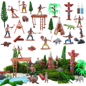 TUSAUW 57 Pcs Plastic Indians Figures Playset Toy,Native American Indians Action Figurines and Accessories with Horse, Tent, Totem for School Diorama
