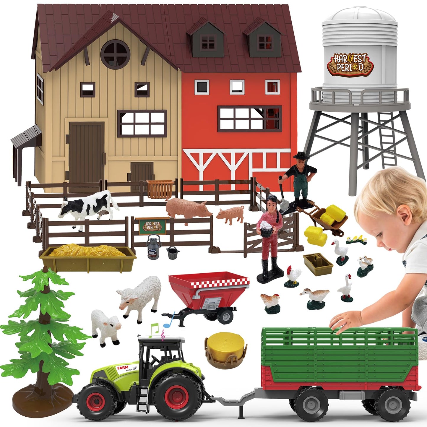 lonfypeng 109PCS Farm Animals Toys Set Comes with Barn, Rice Storehouse, Rice Trolley with Lights & Sounds, Milking shed, Farmer, Fence - Playset